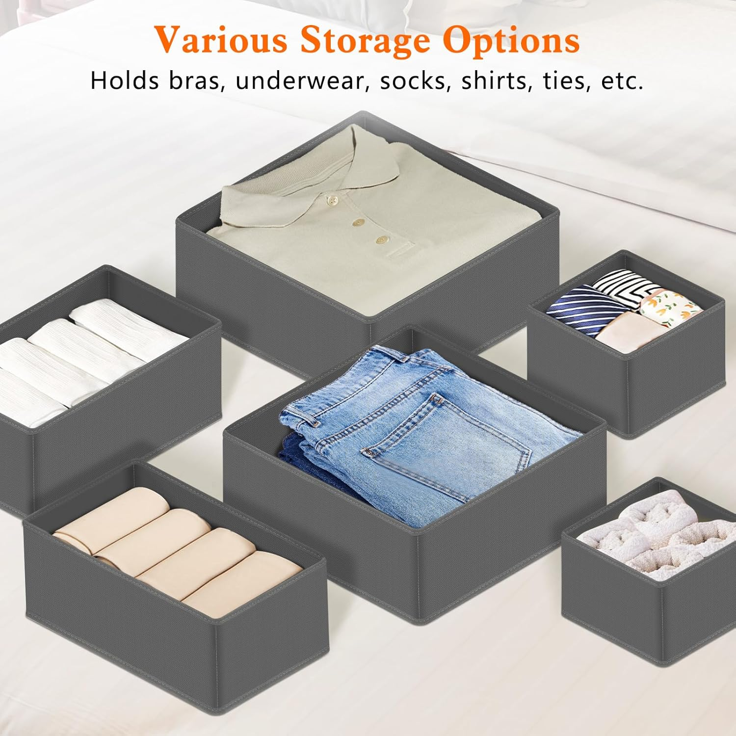 12 Pack Clothes Drawer Organiser, Foldable Drawer Organizers for Clothing, Stackable Storage Bins for Socks Bra Towels Ties (Grey) image number 6