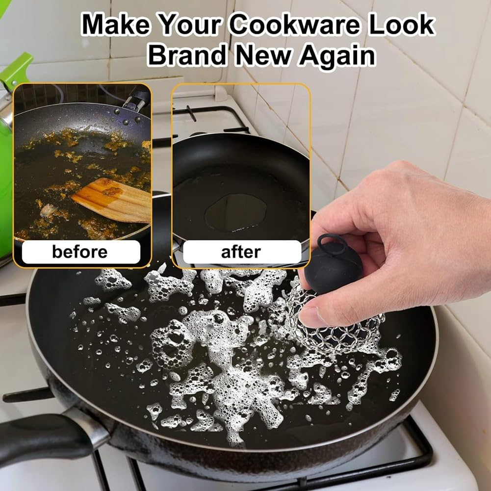 Cast Iron Cleaner Upgraded Handle Cast Iron Scrubber Brush Stainless Steel 316 Chain Mail Scrubber image number 5