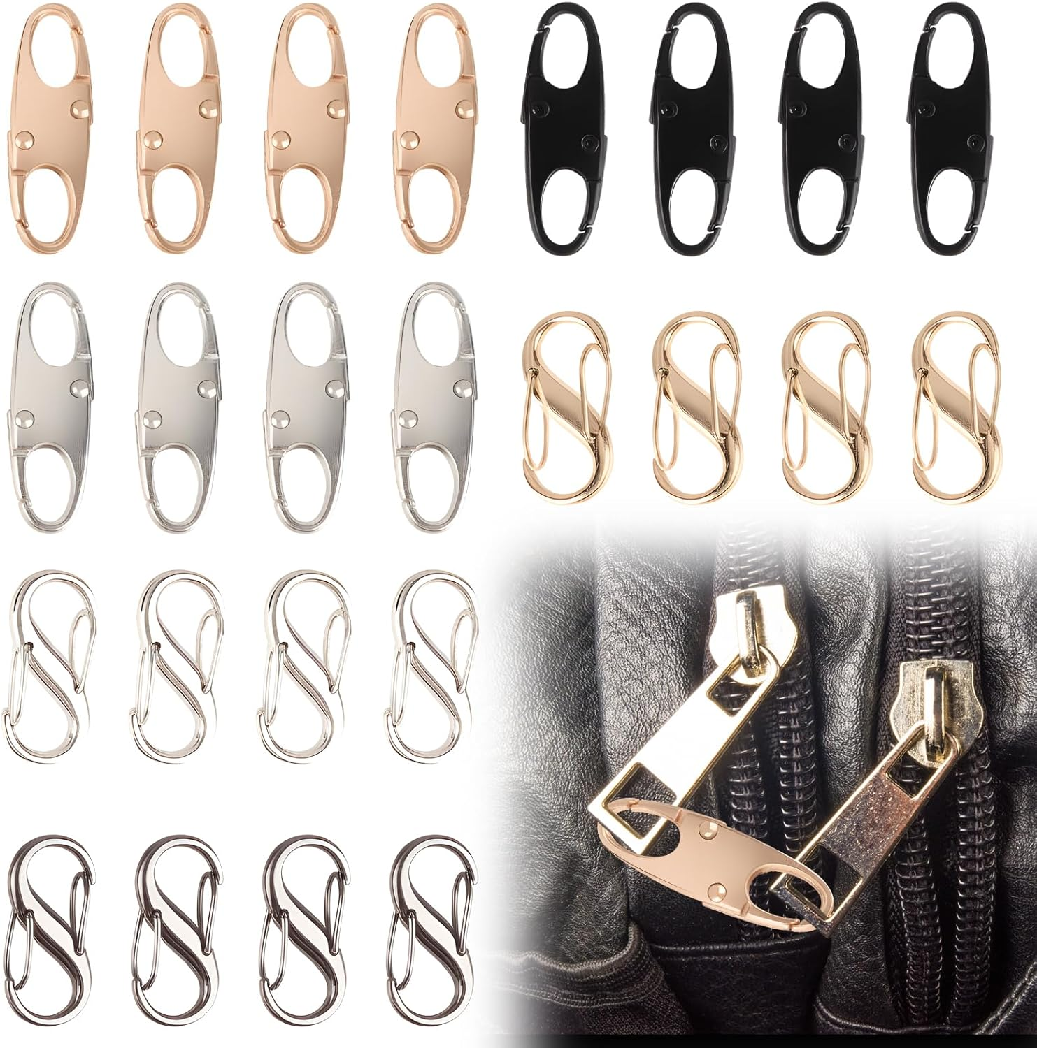 Ozessence 24 Pcs Zipper Clips anti Theft, Double Head Alloy Zipper Theft Lock Secure Your Luggage, Backpack & Travel Gear, anti Theft Clips for Adventure Travel(Black Silver Gold)