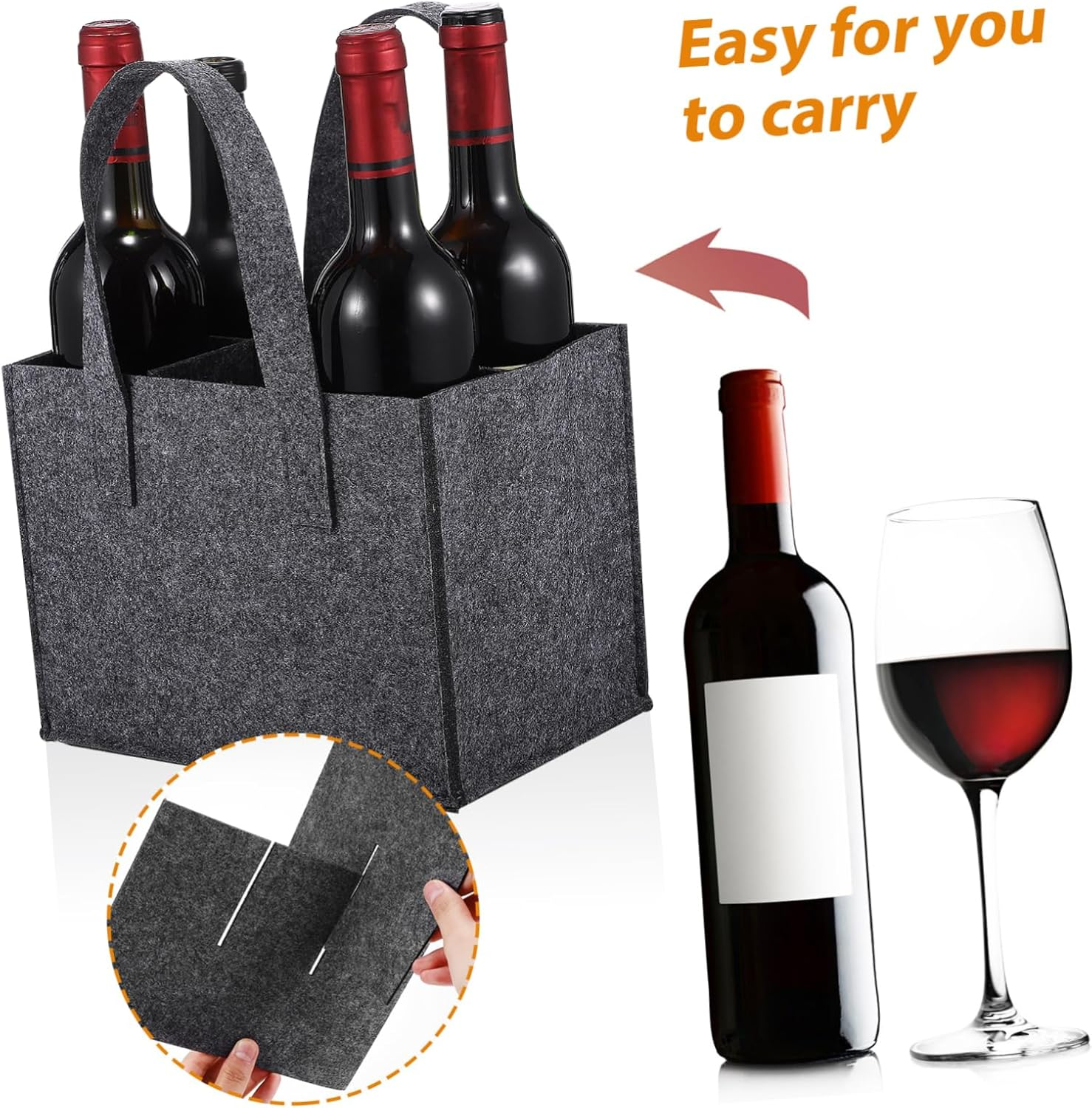 SHOWERORO Felt Wine Carrier Bottle Bag 24X16X16Cm Thick Felt Handbag with 6 Bottle Capacity Portable Wine Storage Tote for Travel Camping Picnic 4 Pack image number 5
