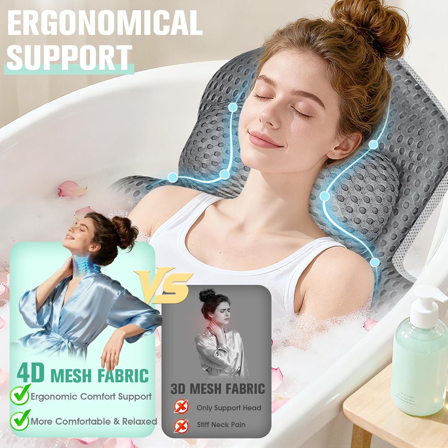 Upgraded Full Body Bath Pillow for Bathtub,Luxury Thick Bath Cushion for Soaking Tub with 192 Suction Cups,Full Body Bathtub Pillows for Head and Neck Shoulder Support,4D Air Mesh, 53" X 16" Dark Gray image number 6