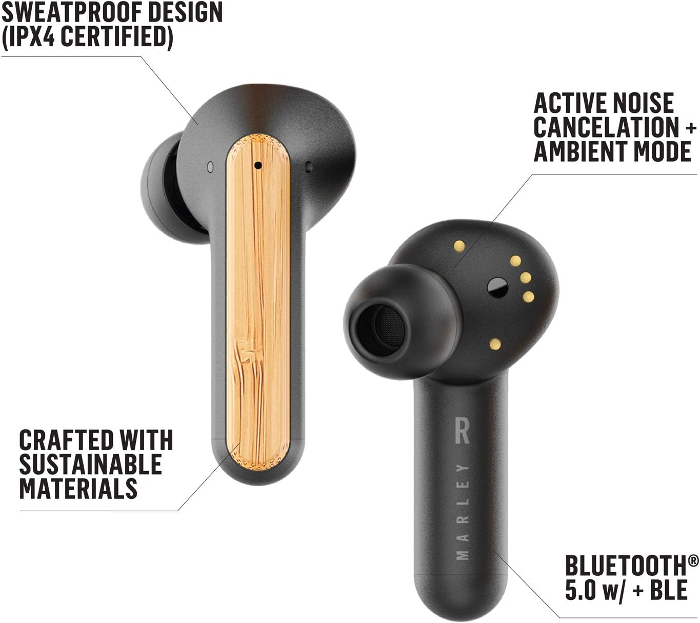House of Marley Redemption ANC: Noise Cancelling True Wireless Earbuds with Microphone, Bluetooth Connectivity, 20 Hours Total Playtime, and Sustainable Materials, Signature Black image number 6