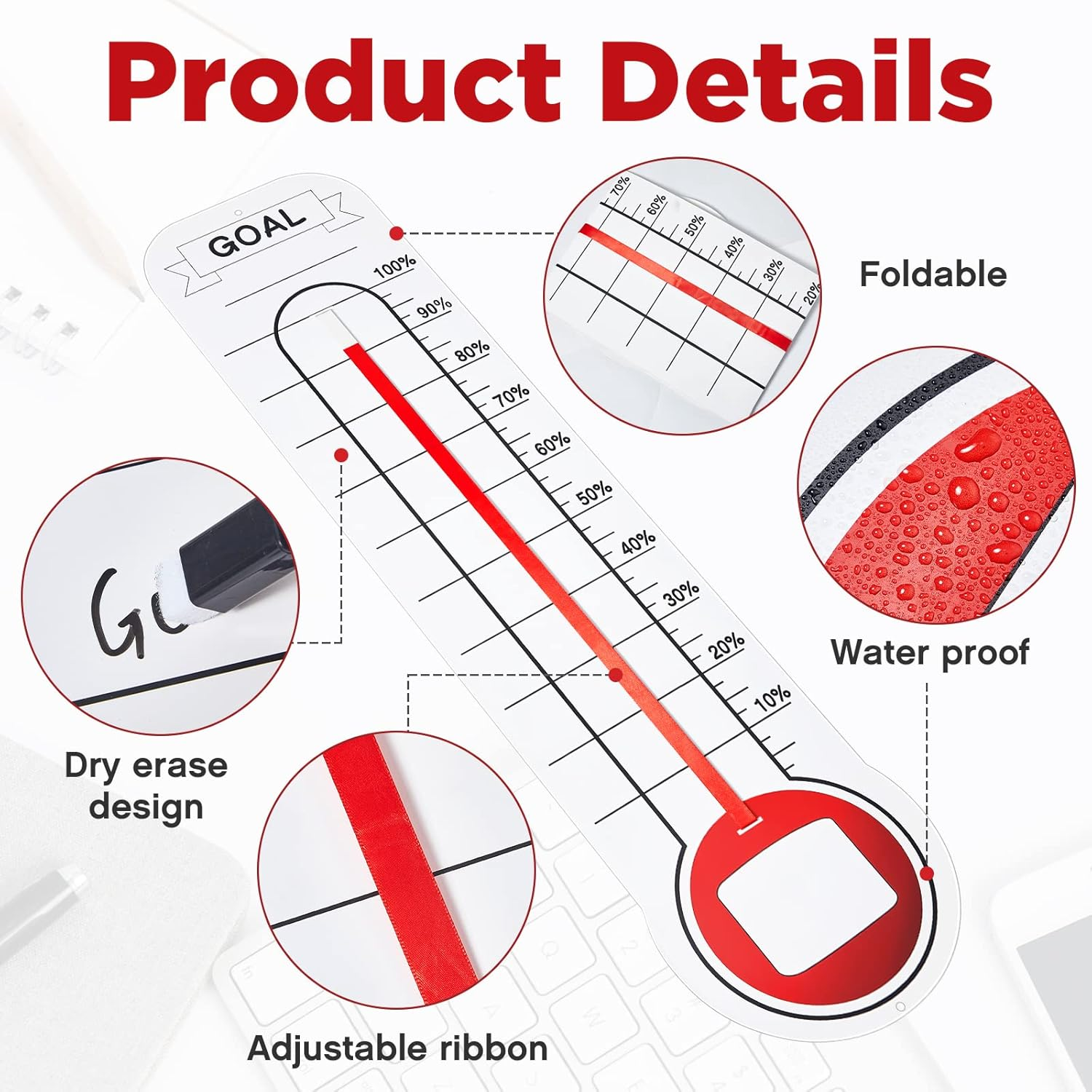 5 Pcs Goal Chart Fundraising Thermometer Goal Setter Board Goal Tracker Giant Goal Chart Goal Tracker Dry Erase Goal Setting Wall Mounted Thermometer with Pull through Ribbon, 46 X 12 Inches image number 5