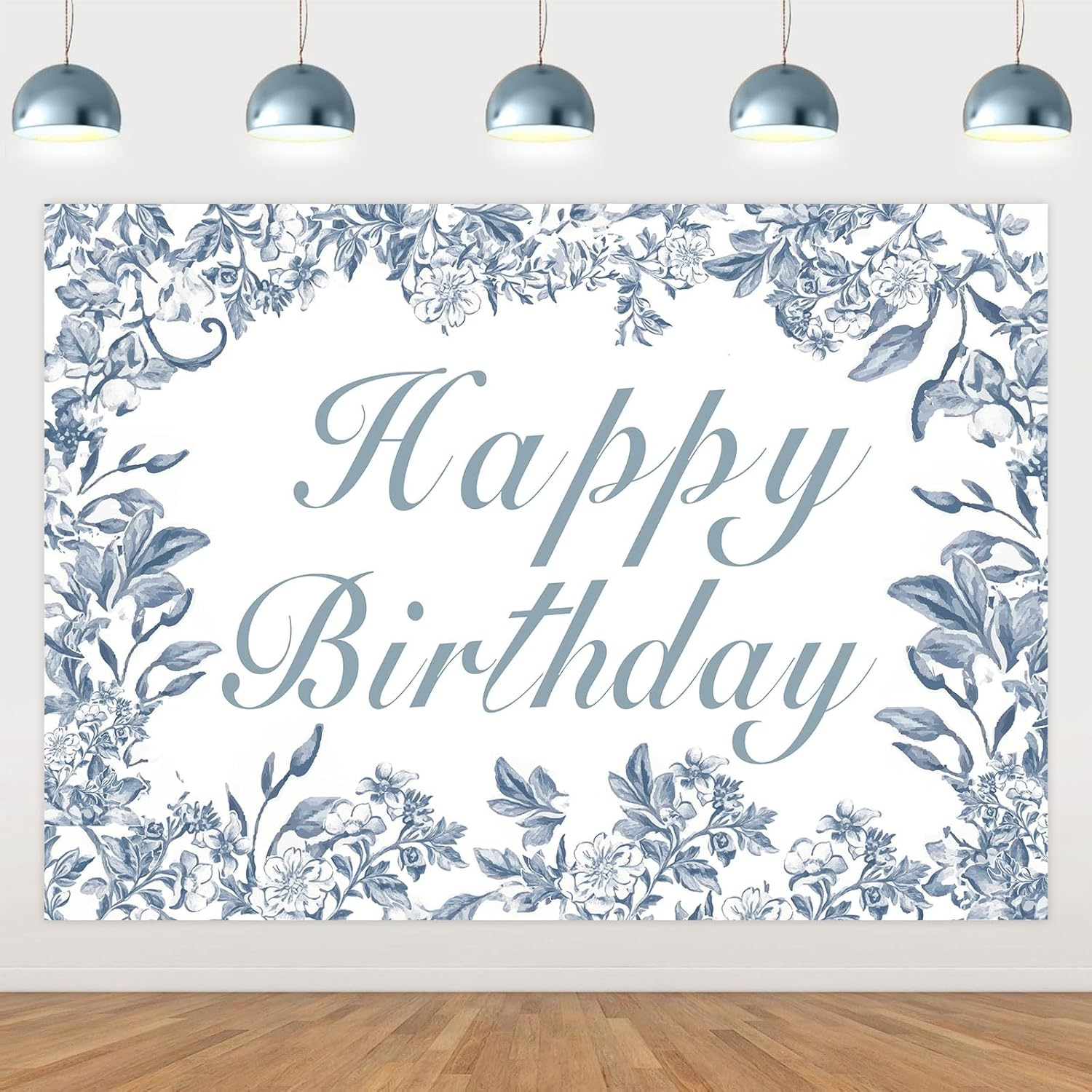 Wonmelody Blue Chinoiserie Birthday Decor 7 * 5Ft Blue Chinoiserie Happy Birthday Backdrop Banner Blue White Floral Backdrop Vintage Floral Party Decor for Chinoiserie Birthday Wedding Bridal Shower image number 1