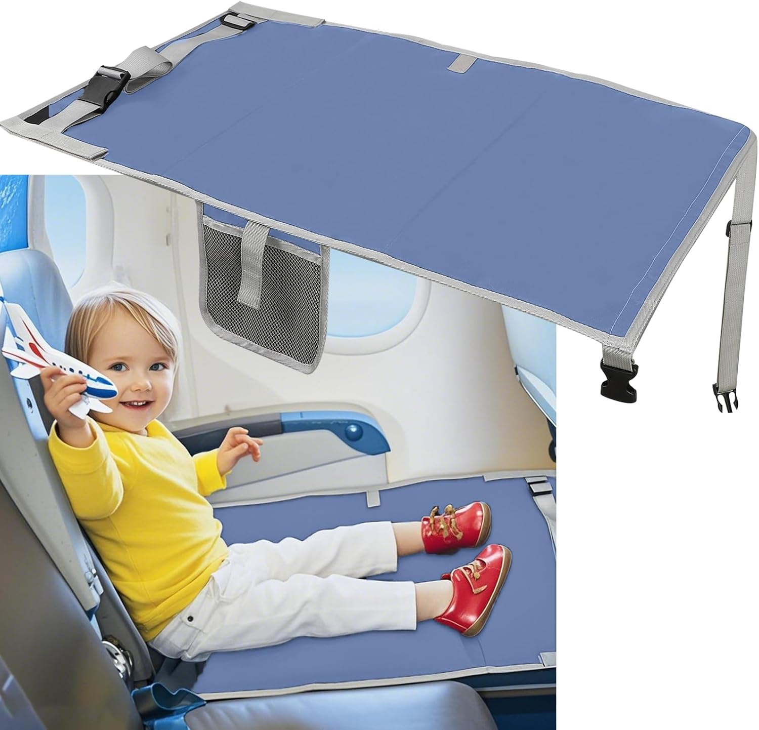 Blue Airplane Bed for Toddler 76&times;44.5Cm, Airplane Seat Extender for Travel Waterproof Lightweight Airplane Foot Hammock Suitable for All Aircraft Seats,Comfortable Flight Companion for Your Child