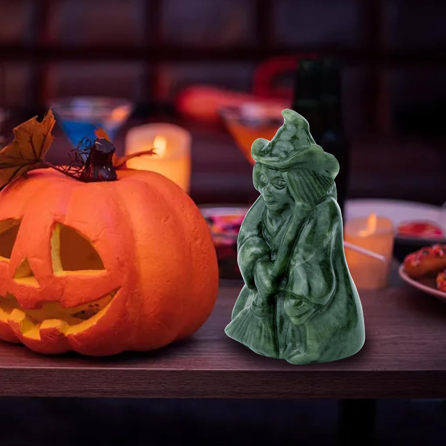 Gemshan Witch Figurine for Halloween Decorations,Jade Statue with Magic Witch Holding Broom Sculpture Spooky Halloween Decor for Home Table Tray Shelf image number 1