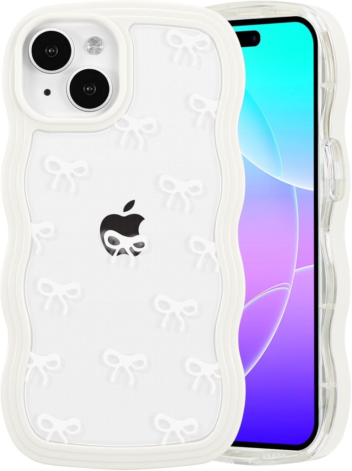 QLTYPRI Bow Case for Iphone 13/Iphone 14, Clear Cute Ribbon Bow Phone Case Curly Wavy Aesthetic Phone Case, Slim Soft Transparent Shockproof Protective Cover for Women Girls - White image number 2