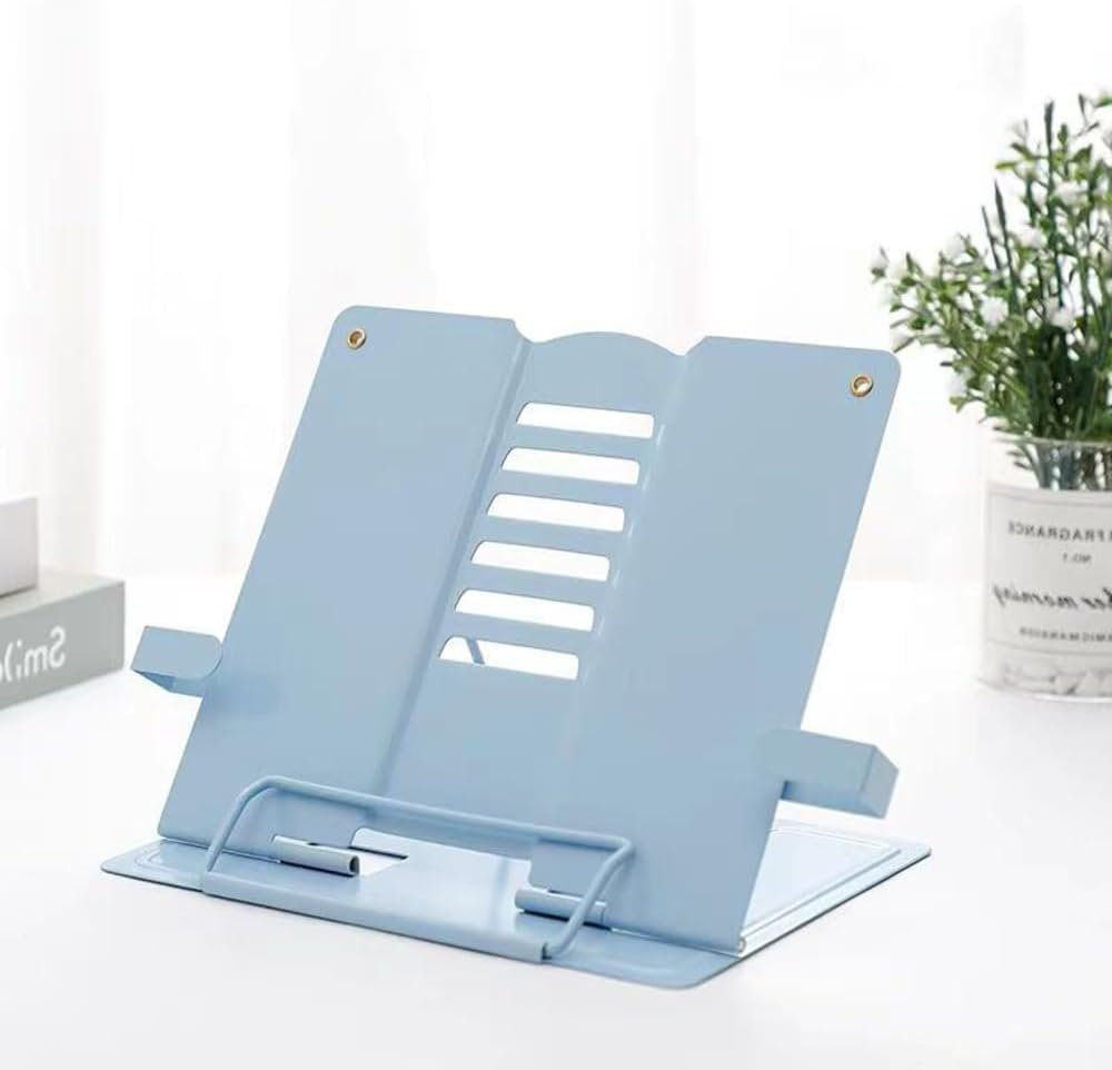 Hbluefat Metal Book Stand with Fixing Clips Folding Reading Book Holder,Sturdy Desktop Rest Book Holder for Cookbook,Magazine,Laptop,Tablet (Blue) image number 1