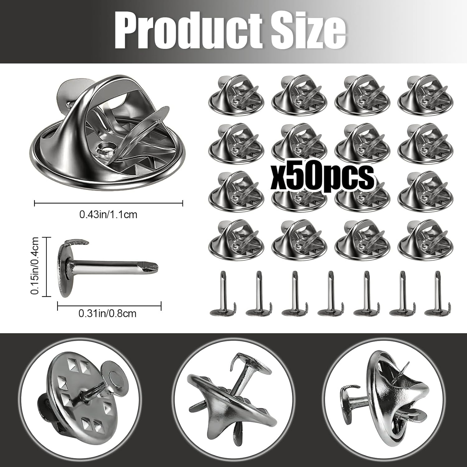 Pin Backs, 50 Pcs Metal Pin Backings, Backs Locking Pin Keepers Clasp Metal Pin Backs for Jewlery, Crafts, Lapel Pins (Black) image number 2