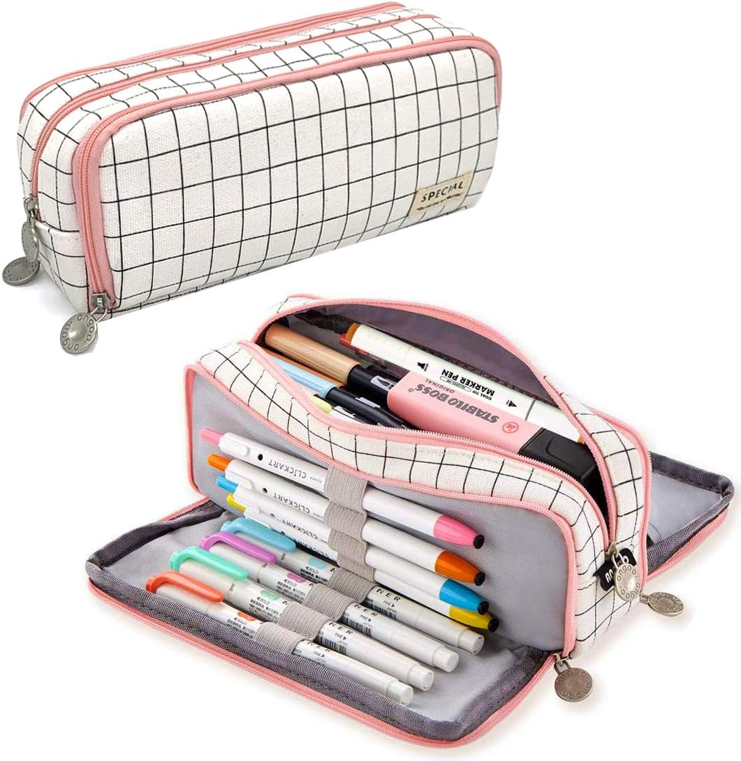 Sebeli Pencil Case Big Capacity 3 Compartments Pouch Stationery Art Pen Bag for Girls Teens Students School & Office Supplies - Plaid White - Cactus image number 5
