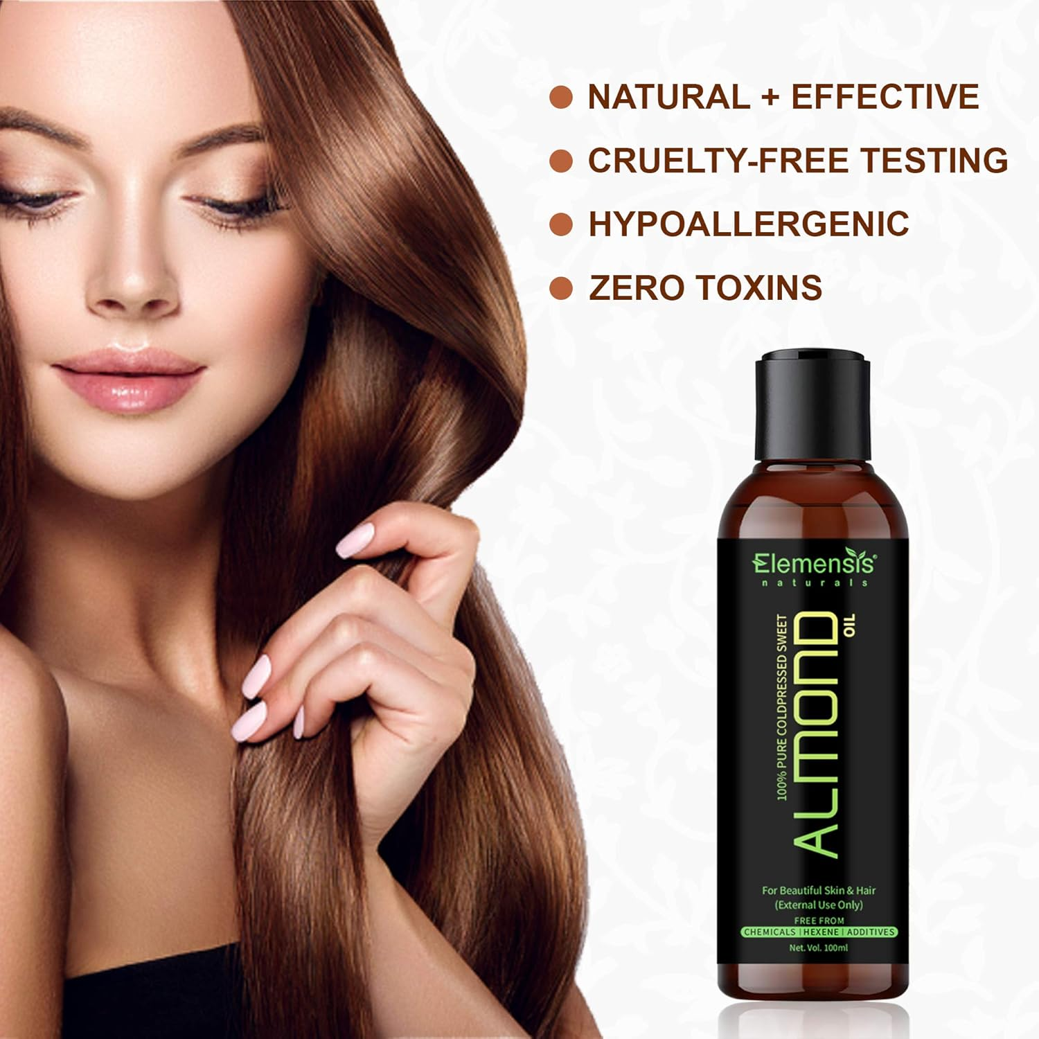Elemensis Naturals Pure Almond Oil, Cold Pressed, to Support Hair Growth, Good Skin and Hair, 100Ml image number 5