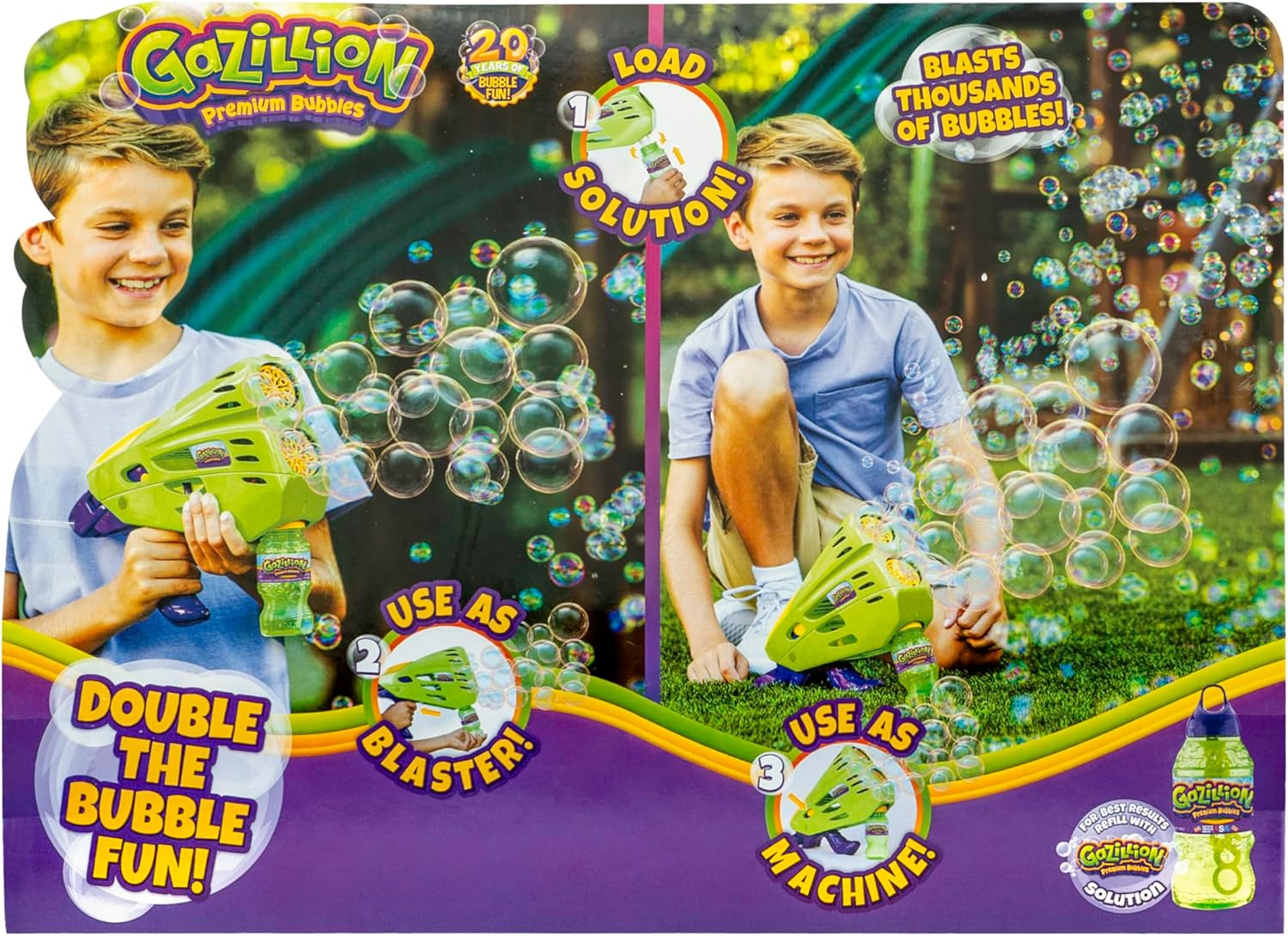 Gazillion Bubbles Double Bubble Blaster - 2-In-1 Bubble Wand & Machine - Endless Bubbles - LED Light Show - Includes 2 Bottles of Bubble Solution image number 1