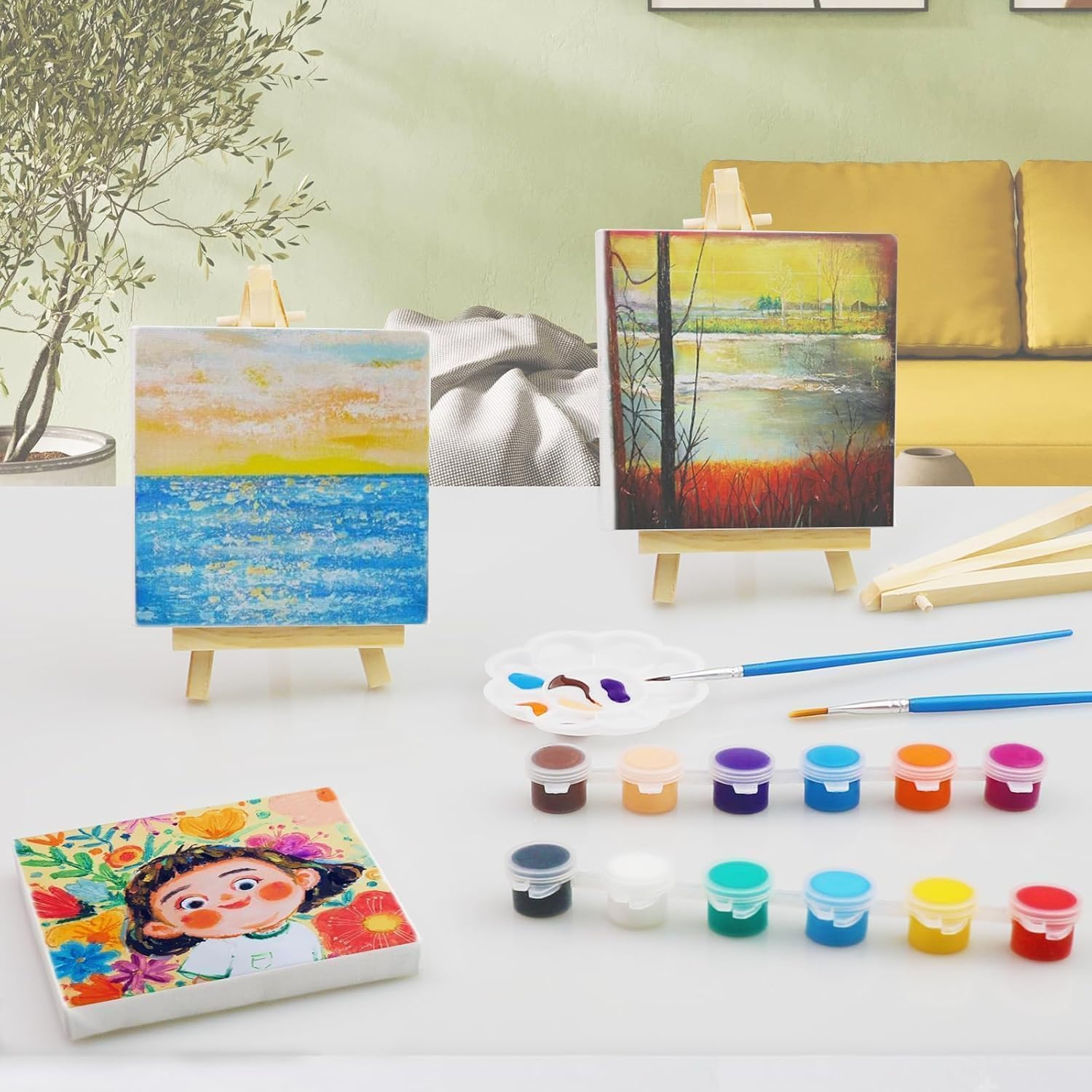 6Pcs Mini Canvas and Easel Set,4X4 Inch Mini Canvases for Painting, 6 Small Canvas with 6 Easels Art Painting Supplies for Acrylic Pouring Oil Watercolor image number 5