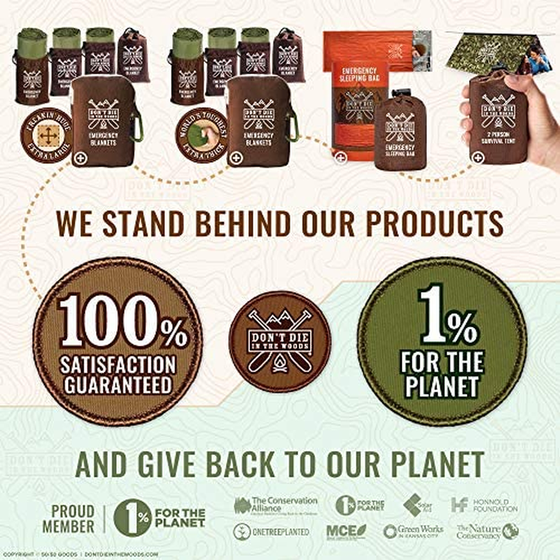 Don'T Die in the Woods - Freakin&rsquo; Huge Emergency Blankets [4-Pack] Extra-Large Thermal Mylar Space Blankets with Ripstop Nylon Stuff Sacks + Carabiner Zipper Pack [Woodland Camo] image number 3