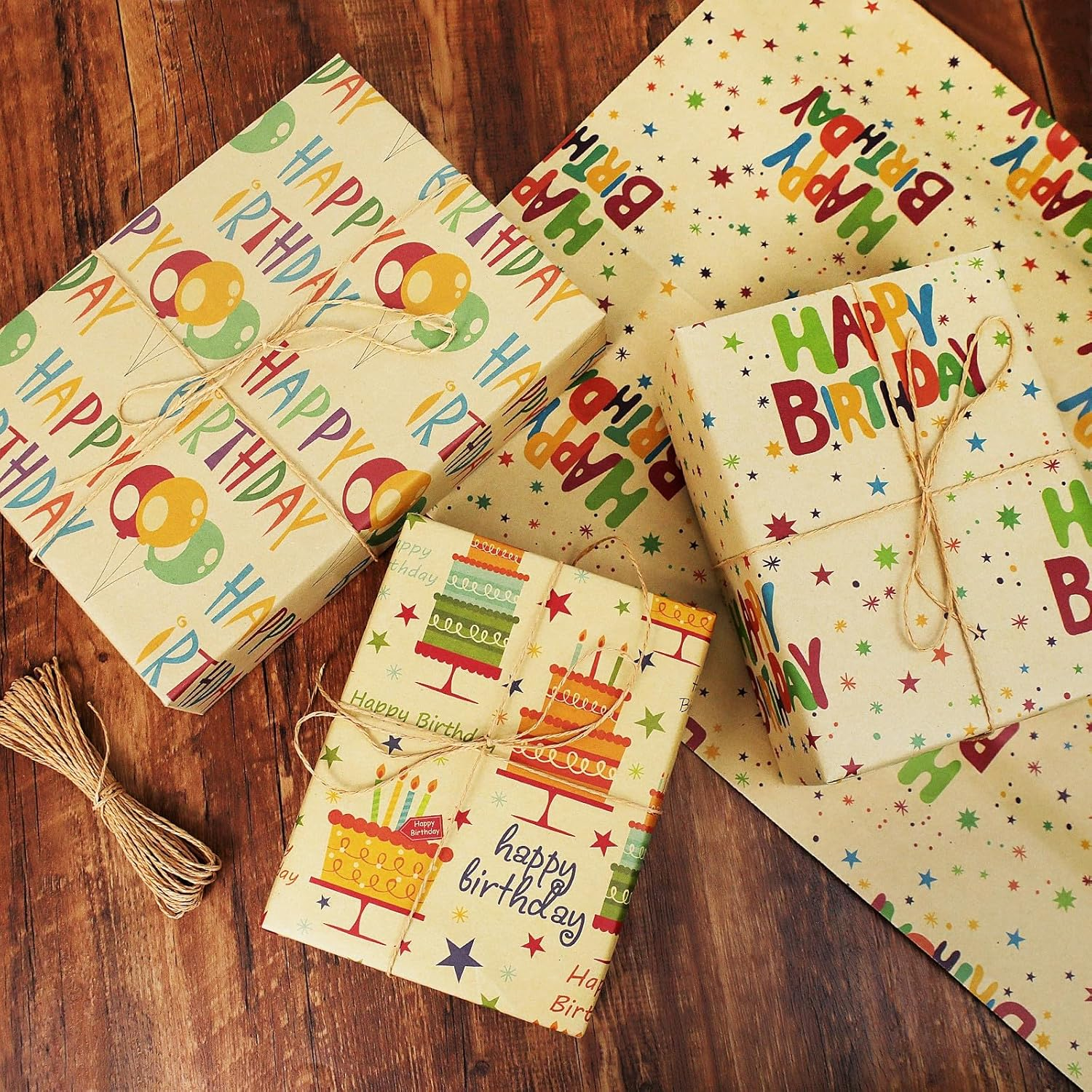ZCOINS 8 Sheets Birthday Gift Wrapping Paper 70 X 50 CM with Hanging Tags Strings Tapes Recyclable DIY Present Wrapping Kraft Paper for Kids Women Men Birthday Baby Showers Kids Crafts Holidays image number 5