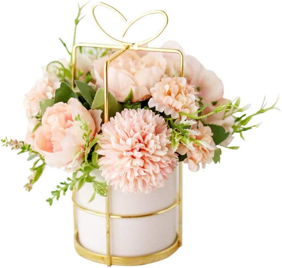 KIRIFLY Fake Artificial Flowers in Vase Faux Peony Silk Hydrangea Flower Centerpieces D&eacute;cor for Wedding Table Decoration(Pink in Gold)