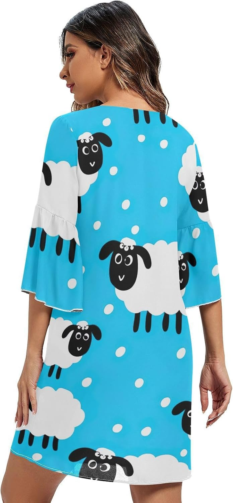 Cute White Sheep Blue Casual Chiffon Dress Printed Line Maternity Dress S-XXL image number 1