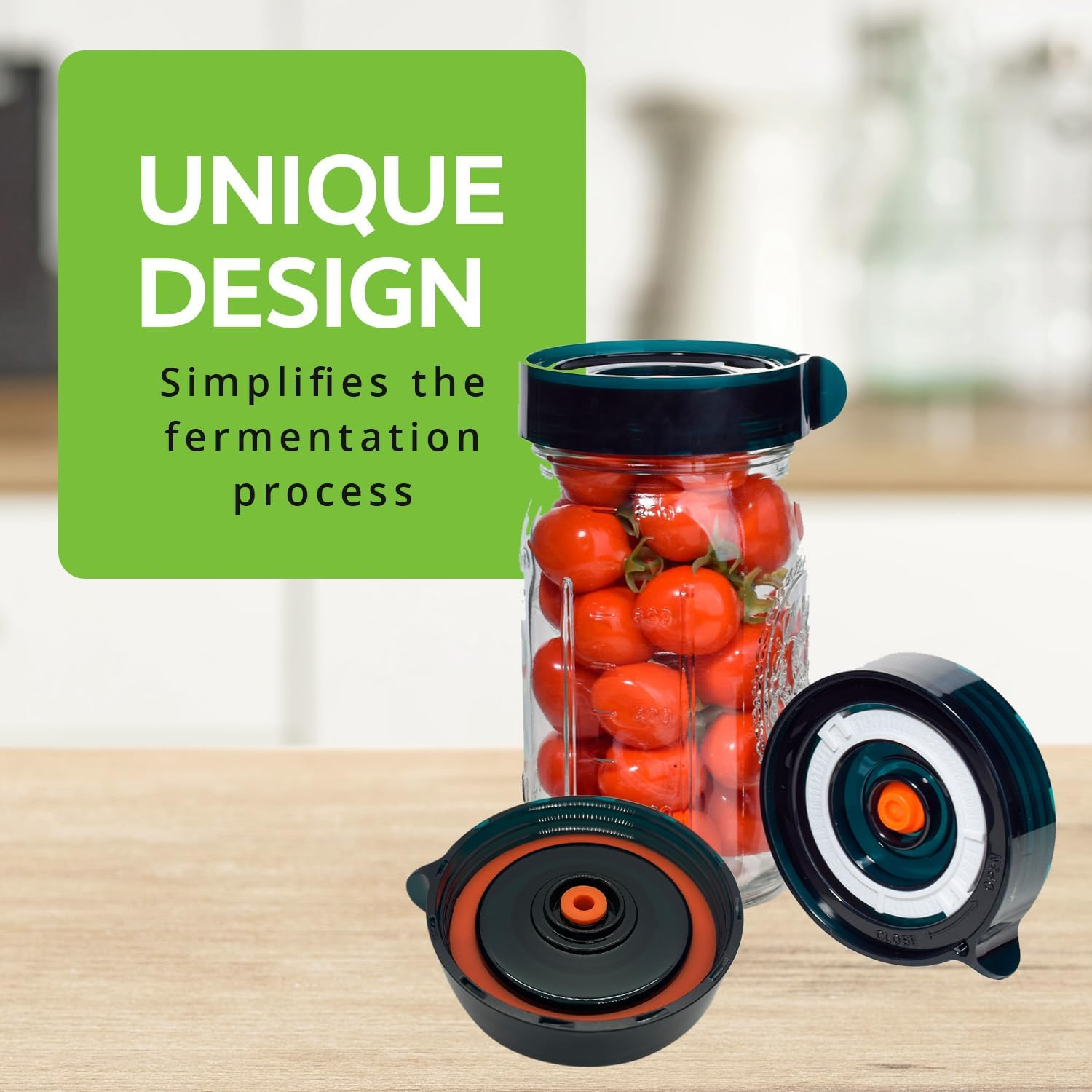 Easy Fermenter Fermentation Kit, Includes 3 Fermenting Lids for Wide Mouth Mason Jars & Oxygen Extractor Pump, Mason Jar Airlock Lid for Fermenting Kimchi, Pickle, & Sauerkraut image number 1