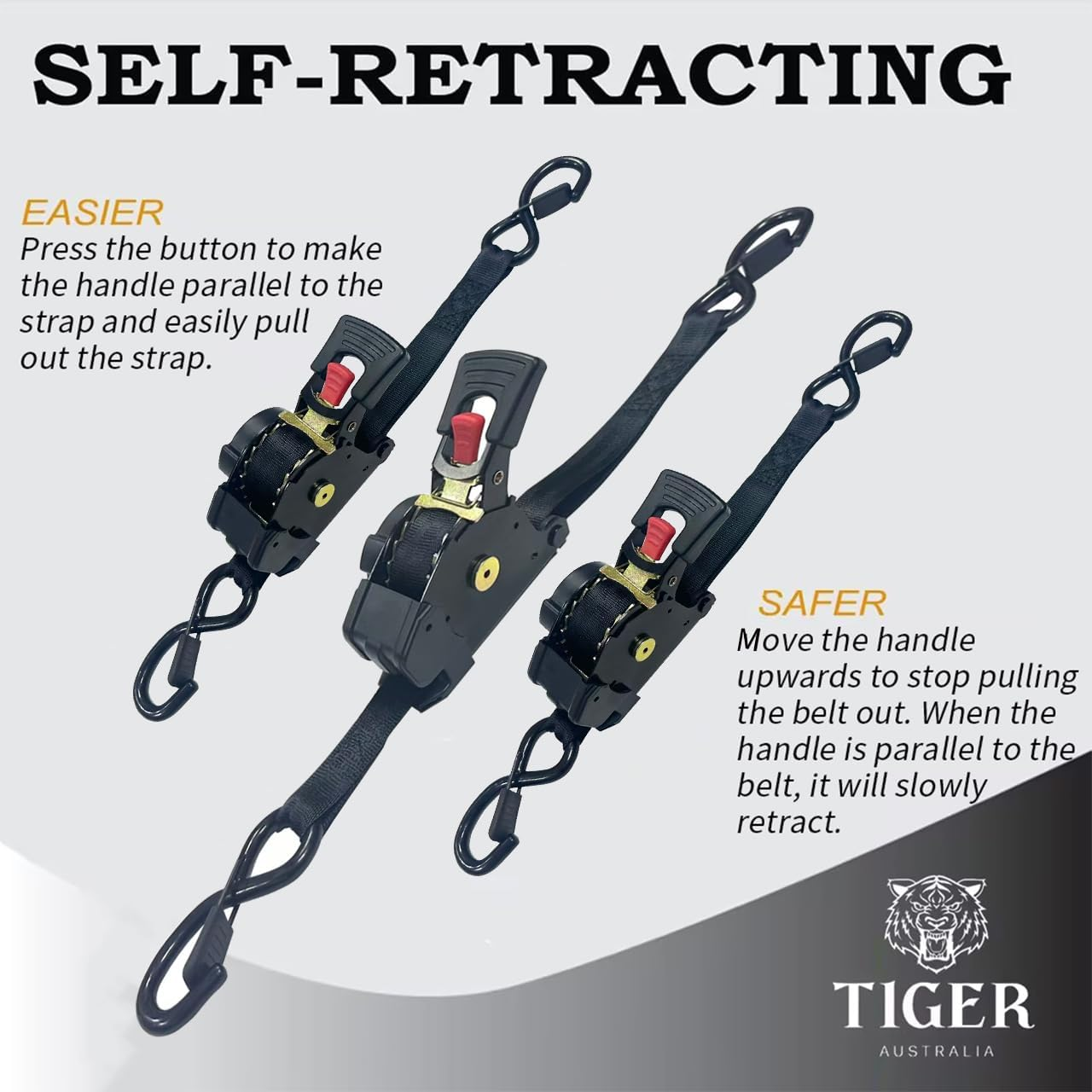 Tiger Australia Retractable Ratchet Straps 4 Pack &ndash; 25Mm X 4.5M Tie down Straps, 800KG Break Strength, with S-Hooks and Storage Bag, for Trailers, Utes, Boats, Moving image number 2