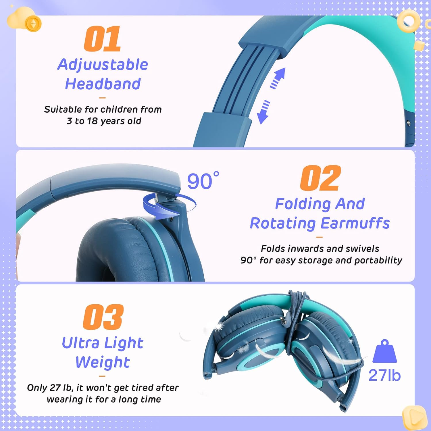 Kids Headphones, Wired Children Headphones with 94Db Safe Volume Control, Foldable Design, Comfortable for Online Learning/School/Travel/Tablet (Blue) image number 5