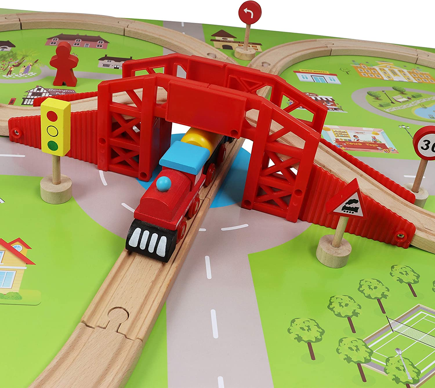 Wooden Train Set with Town Map-Shinington Railway Track Construction Building Toys for 3 Years Old Kids Boys Girls-Vehicles Transport Wooden Toys for Toddlers 3 4 5 Years Old image number 3