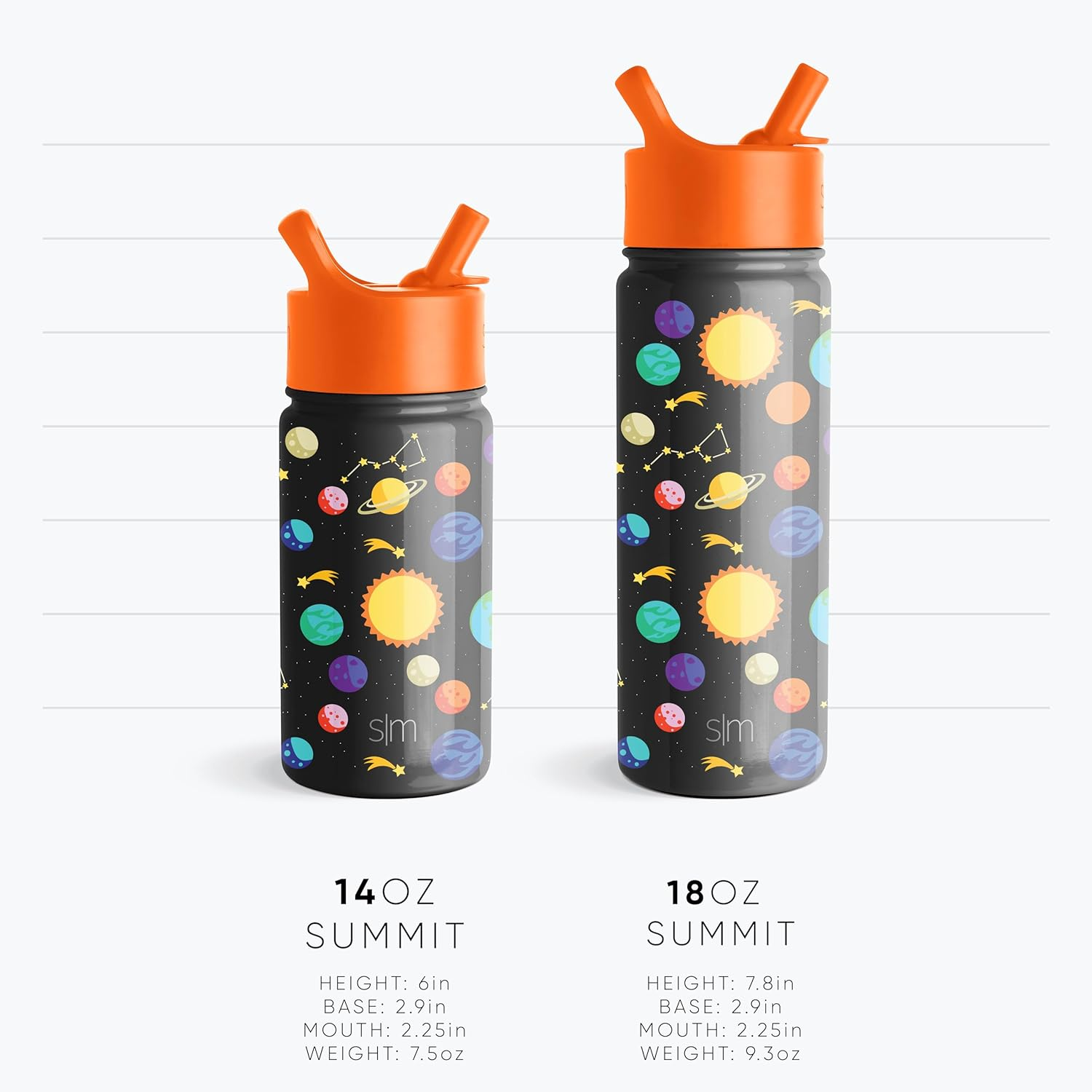 Simple Modern 18Oz Summit Kids Water Bottles with Straw Lid Sippy Cup - Dishwasher Safe Vacuum Insulated Tumbler Double Wall Travel Mug 18/8 Stainless Steel Flask - Pattern: Solar System