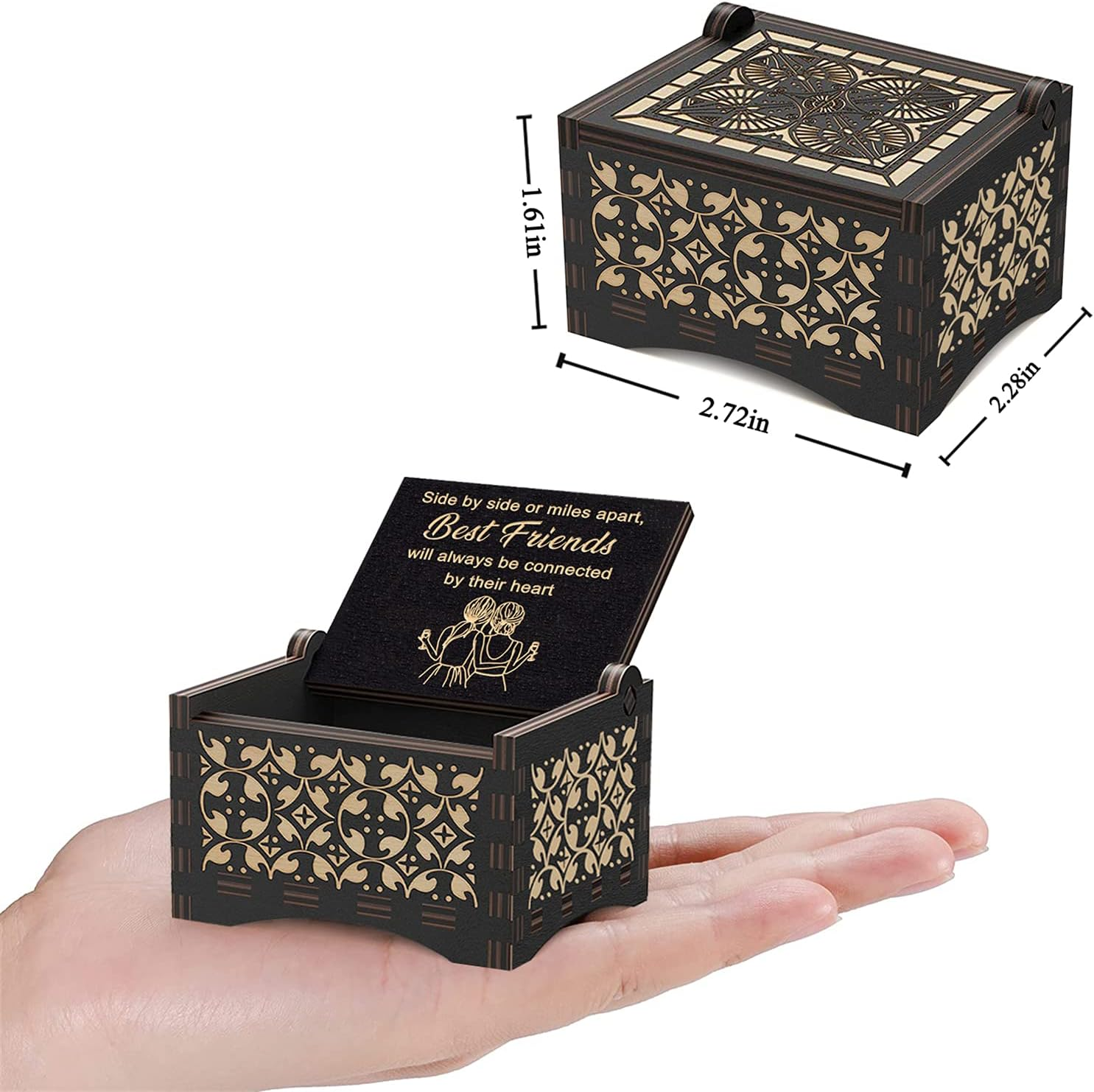 Side by Side or Miles Apart Mechanism Wood Music Box Mechanism Engraved Vintage You Are My Sunshine Tune Wooden Musical Box for Friend Sisters Women Girls Birthday Graduation