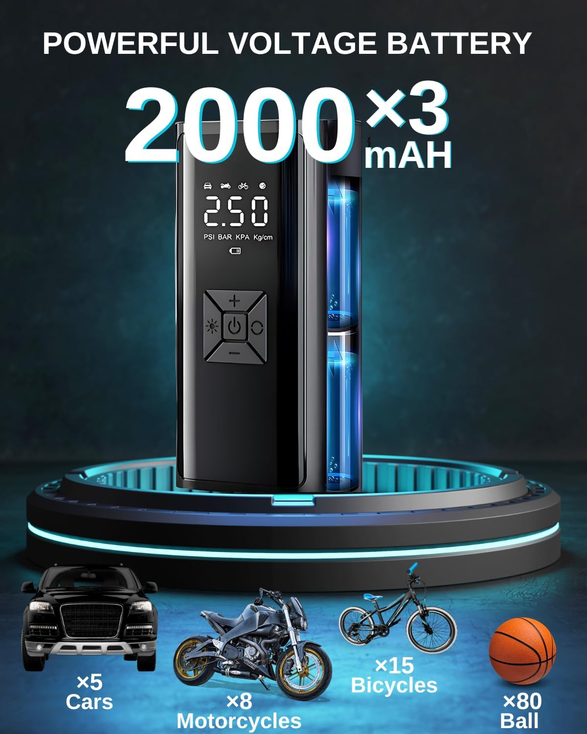 Tyre Inflator Portable Air Compressor 6000Mah Electric Cordless Air Pump with Battery LED Light, with 150PSI Pressure Gaugeand/Auto-Off/Wheel Tire Inflator for Car, Bike, Motorcycle, Ball image number 3