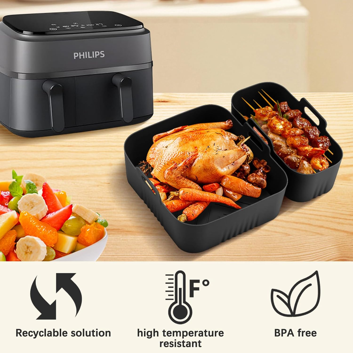 Fiohiros Reusable Silicone Air Fryer Liners for Philips,Silicone Air Fryer Liners Dishwasher Safe, Bpa-Free High Heat Resistant (230&deg;C) with Handles Philips Air Fryer Accessories