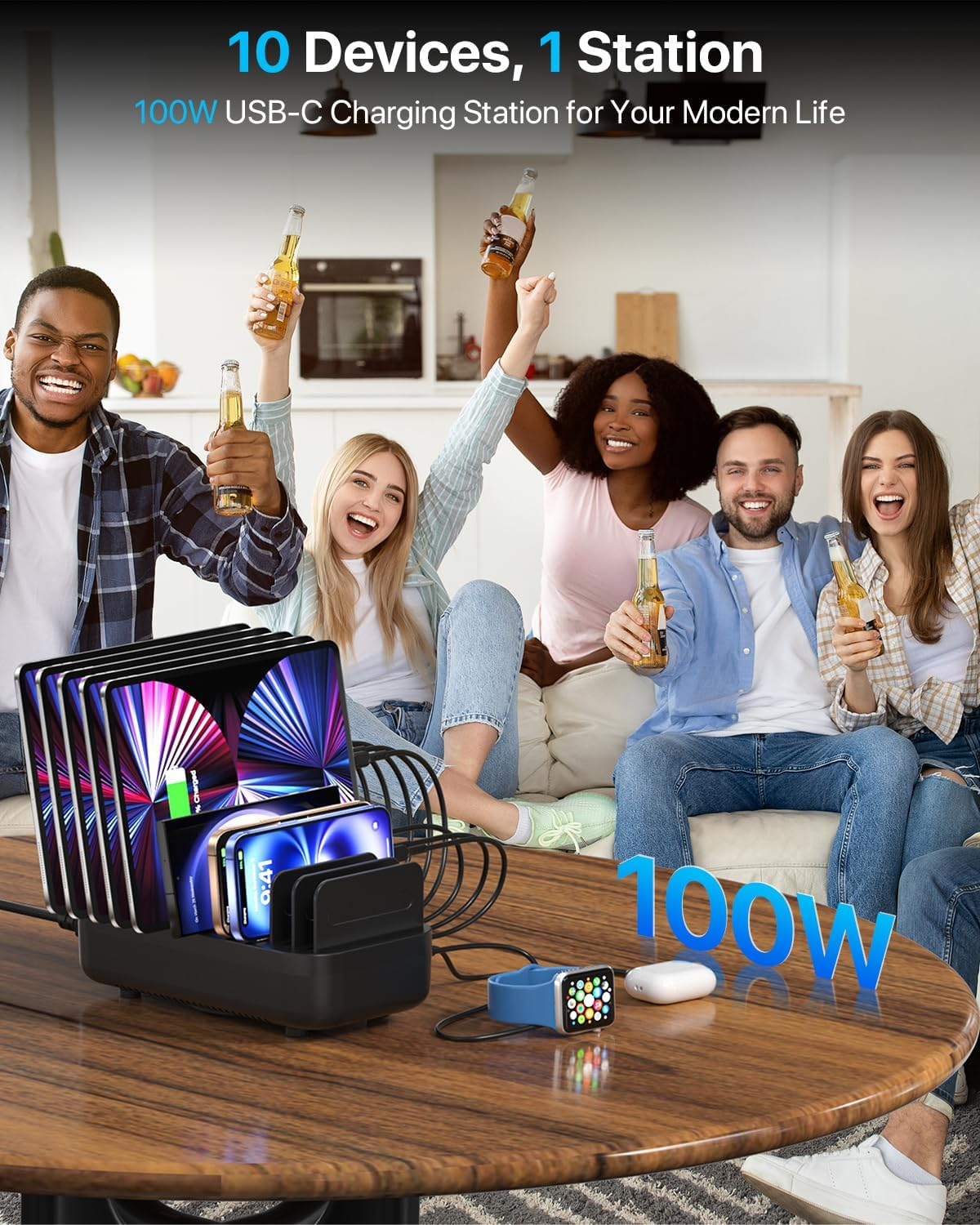 Soopii USB C Multi Charging Station,100W 10-Port Type C Fast Charger Station for Multiple Devices with Adjustable Dividers, Charger Organizer Compatible with Phone, Tablet,Kindle and More(Black) image number 5