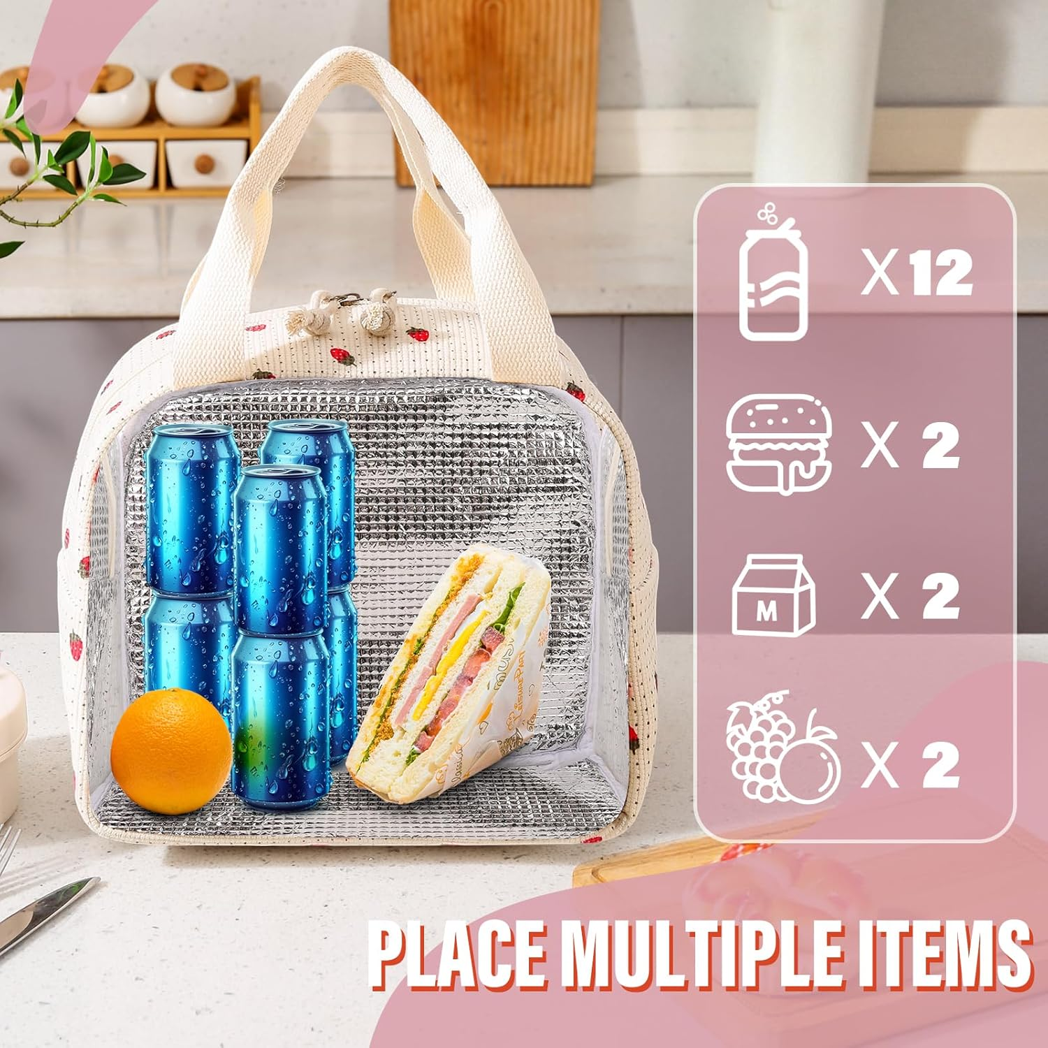 Viiotu Insulated Lunch Bag for Women,Large Lunch Bag with Insulation Aluminum Foil Pearl Cotton for Work, School, Picnic (Strawberry) - Strawberry image number 5