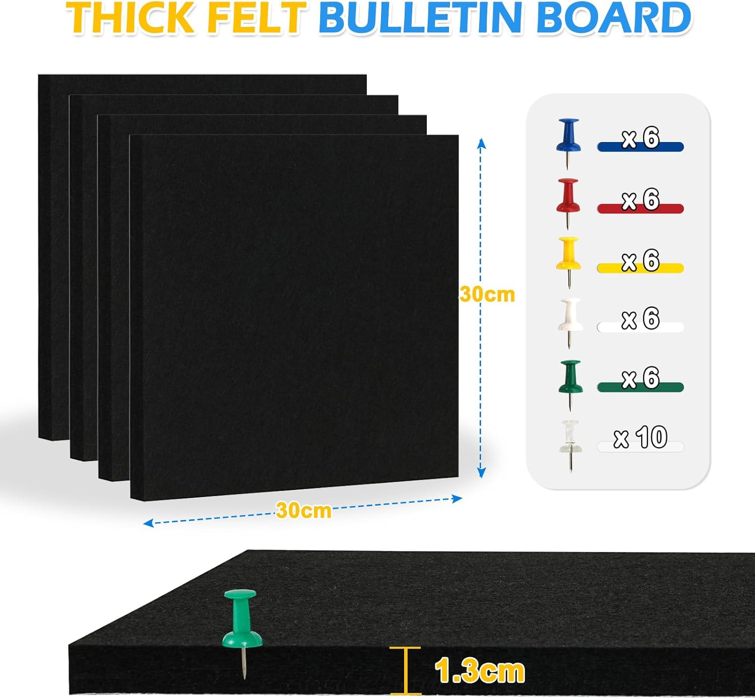 Large Cork Board Alternative, 4 Pack 12&rdquo; X 12&rdquo; Self Adhesive Felt Bulletin Board Wall Panels, Pin Board, Felt Wall Tiles for Home, Office with 40 Push Pins(Black) - 5 Pack-Black image number 2