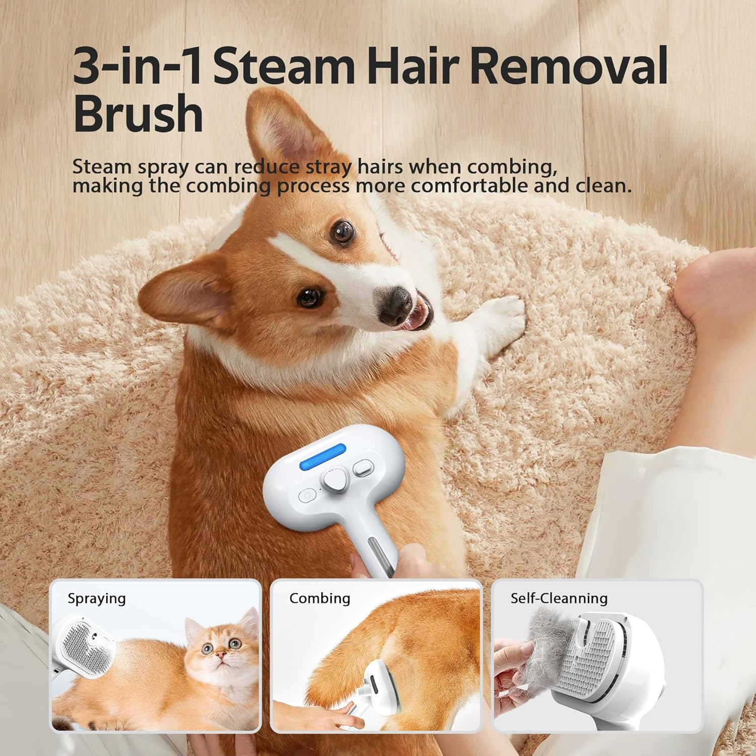 Pet Grooming Brush with Electronic Mist Spray - Gentle Deshedding Tool for Cats & Dogs, Reduces Shedding, Easy to Use, Soft Bristles, Promotes Healthy Coat-Comes with a Hair Smoothing Comb image number 3