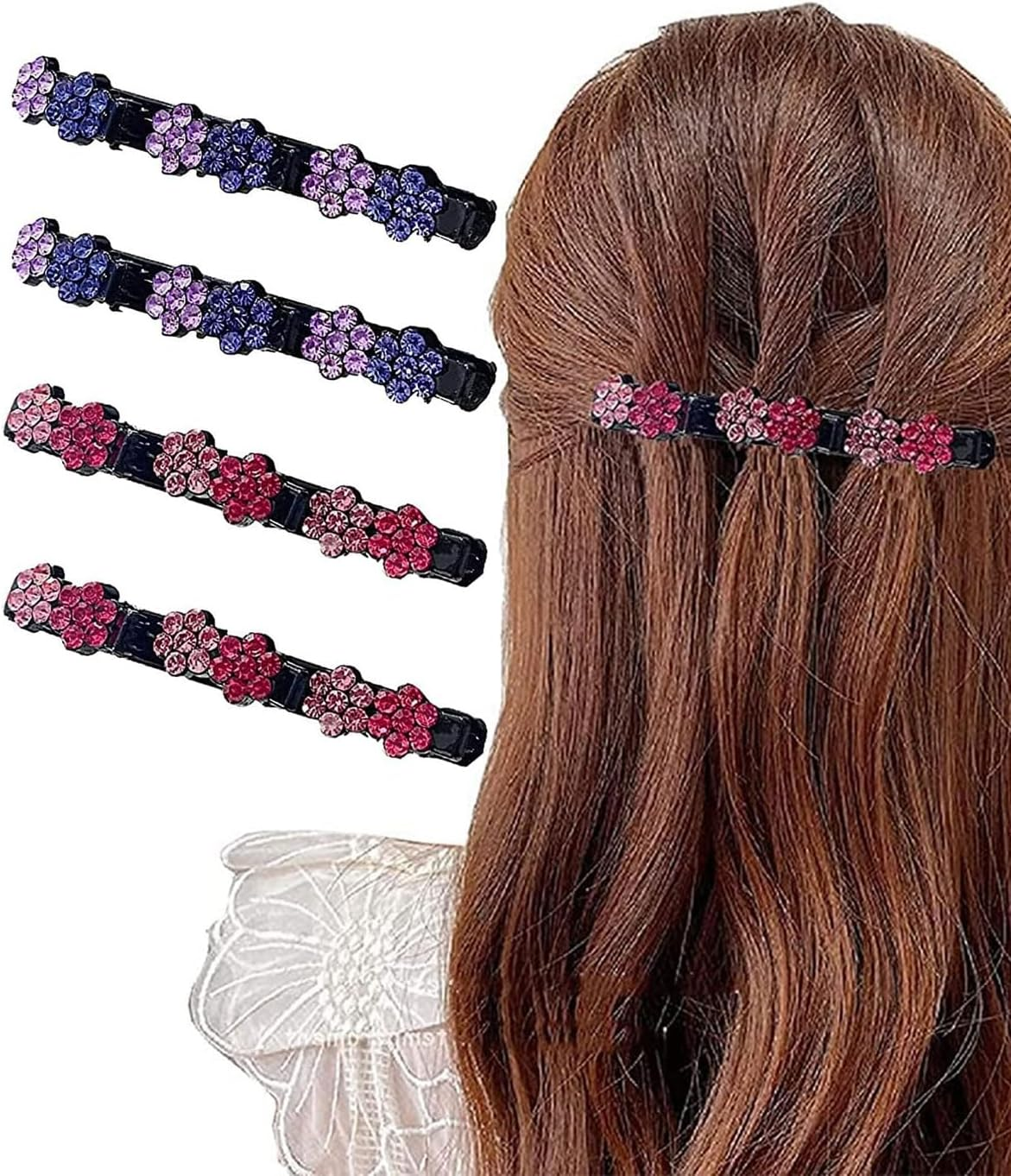 KGDUYC 4Pcs Braided Hair Clips with Crystal Stones, Hair Clip with Crystal Flower, Braided Duck Beak Clip, Braided Hair Clips, Hair Accessories for Women image number 5