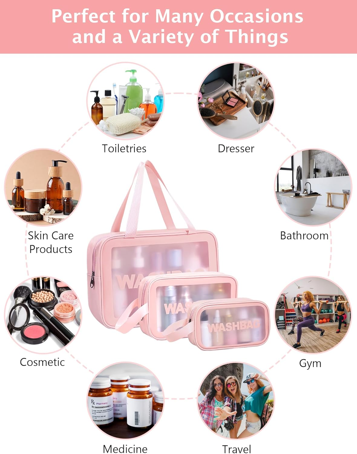 Travel Clear Makeup Bag, Portable Waterproof Cosmetic Organizer Case with Handle for Women, Essential Carry-On Travel Accessories for Toiletries and Brushes (3 Pcs-White) image number 3