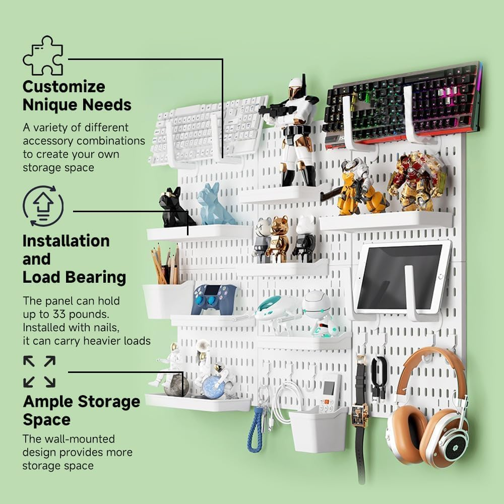 Wall Pegboard Organiser Kit, 90X42 Cm, White, 3 Panels with 17 Accessories, Home Office Storage System image number 3