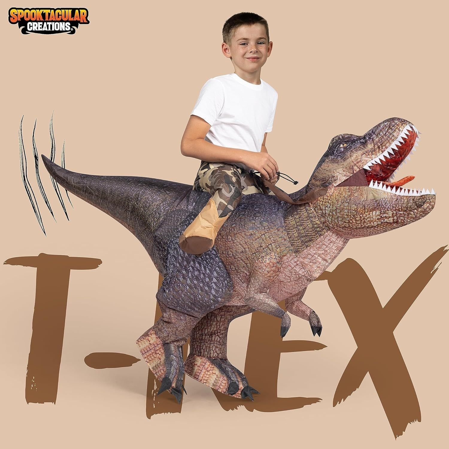 Spooktacular Creations T-Rex Inflatable Costume for Kids, Funny Air Blow up Costumes, Digital Printing Ride-On Dinosaur for Halloween Parties, (Brown S) image number 5