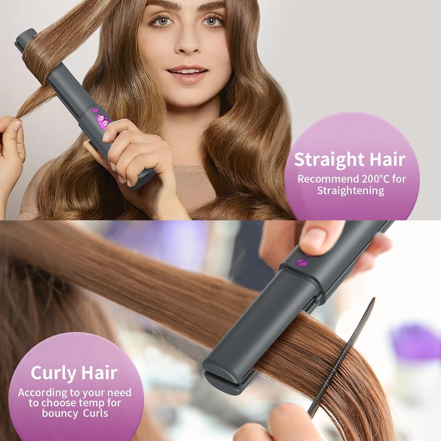 B-Qtech Cordless Hair Straightener Curler 2 in 1, Portable Mini Travel Straightener，Fast Heating, 3 Adjustable Temperatures, Hair Straighteners 5000Mah Type-C (Grey) - Gray image number 3