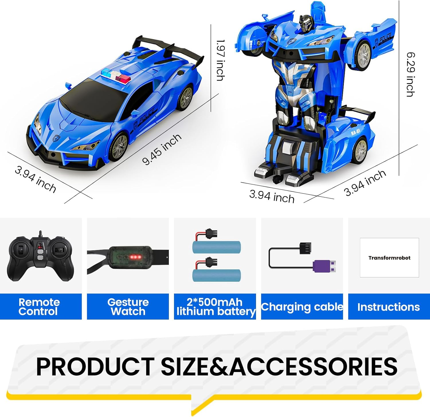 Tecnock Remote Control Car - Gesture Sensing, Transform Robot RC Cars, 2.4Ghz One Button Transformation Robot Toy with LED Lights