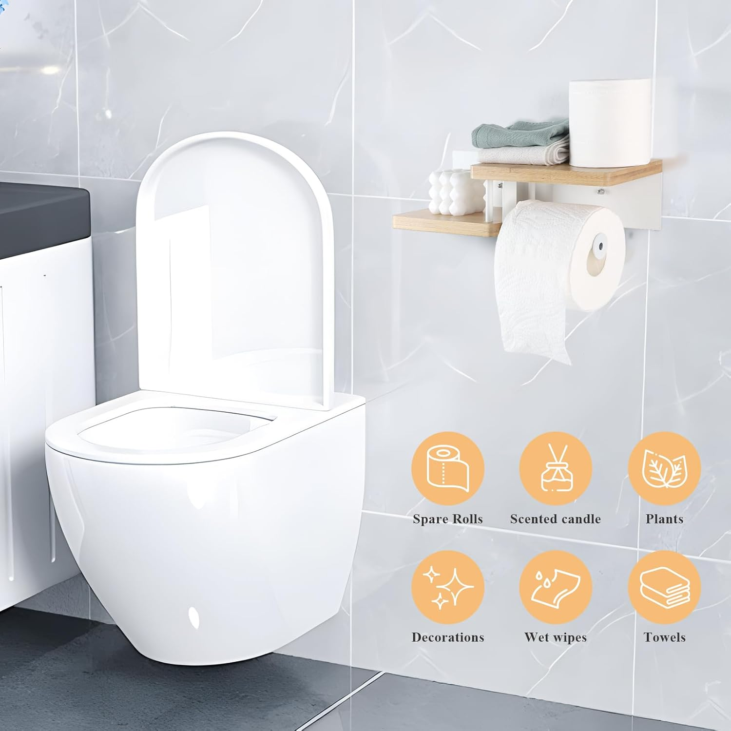 EFUTURETIME Toilet Paper Holder Wall Self-Adhesive with Shelf Bamboo 31.5 X 12.5 X 8.5 Cm Toilet Paper Holder Glue or Drilling Toilet Roll Holder Wood for Bathroom Kitchen Toilets White image number 2