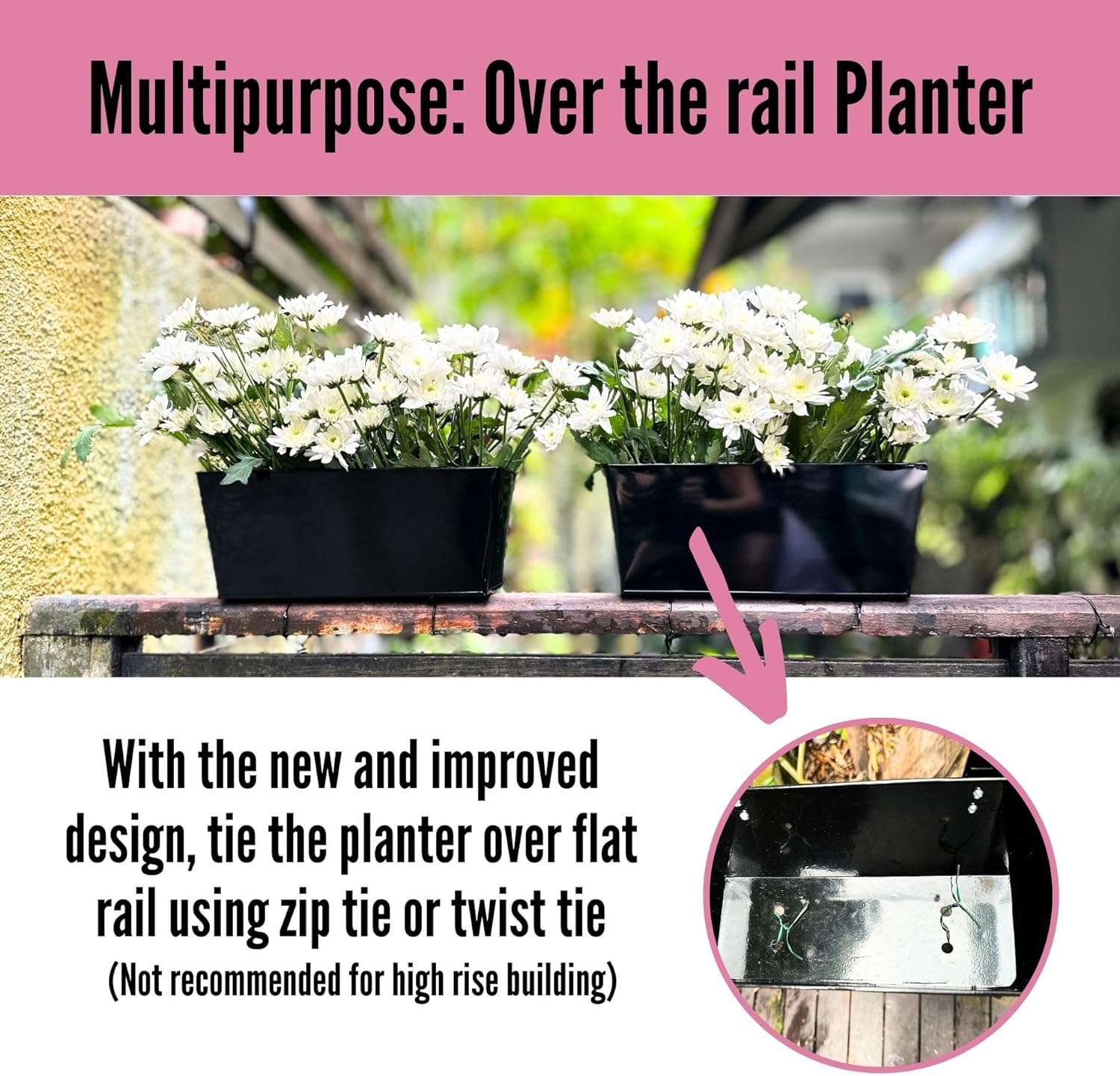 Lalagreen Railing Hanging Planters (2 Pack, 16 Inch) Large Black Metal Strawberry Flower Pots Outdoor Countryside Modern Rectangle Succulent Planter with Drainage Holes Hanger Balcony Deck Fence Porch image number 2