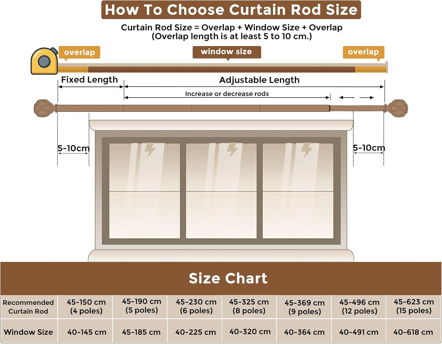 Curtain Rod 300 Cm, 325-Cm Rod, Thick, Adjustable Length Heavy Duty Decorative Finials Diameter 7/8 Inch,Silver image number 1