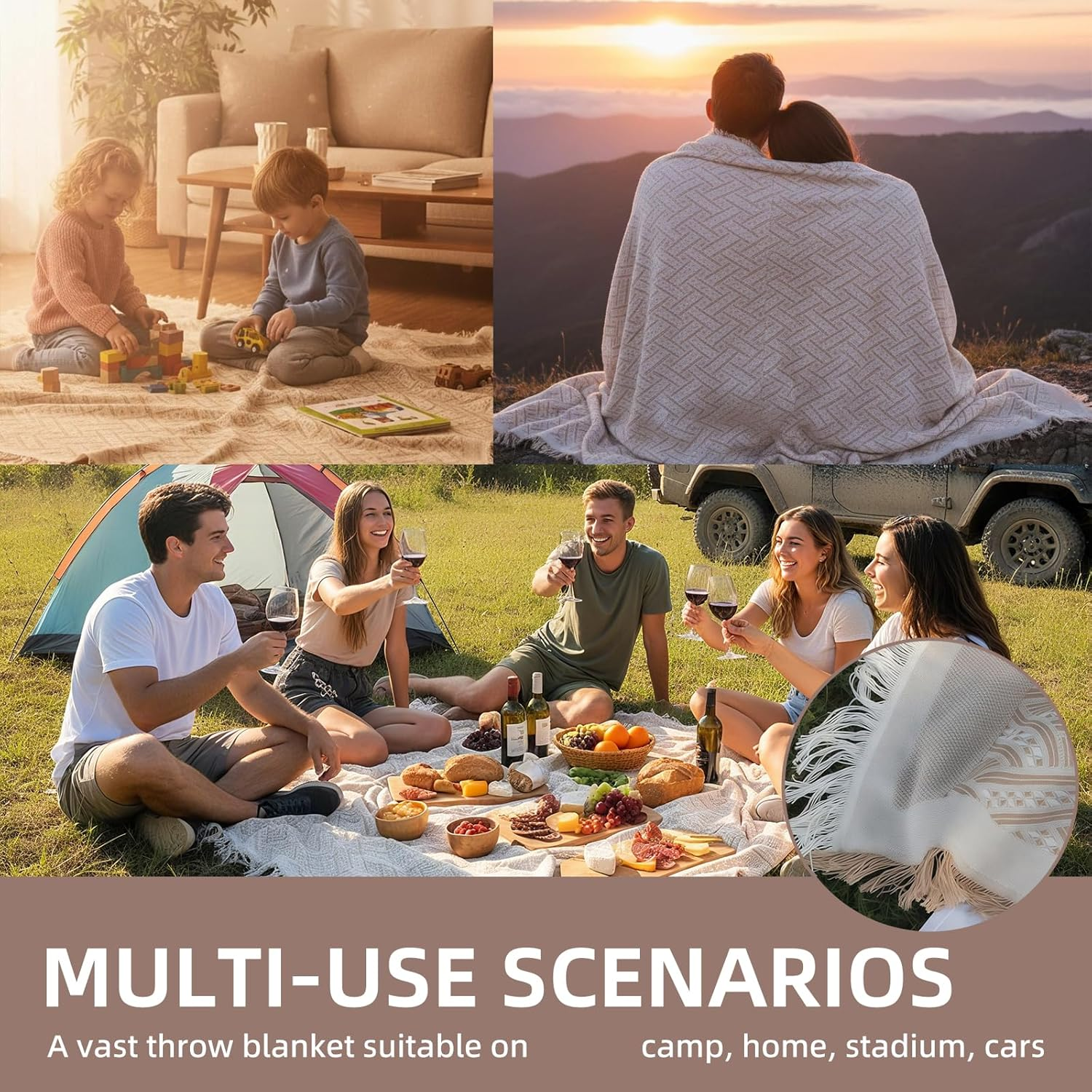 2 in 1 Extra Large Outdoor Picnic Blanket, Waterproof & Foldable Picnic Beach Mat - Woven Boho, Travel Essential Yoga Accessories Outdoor Blanket for Park Patio Lawn Garden Grass Ground Music Festival image number 5