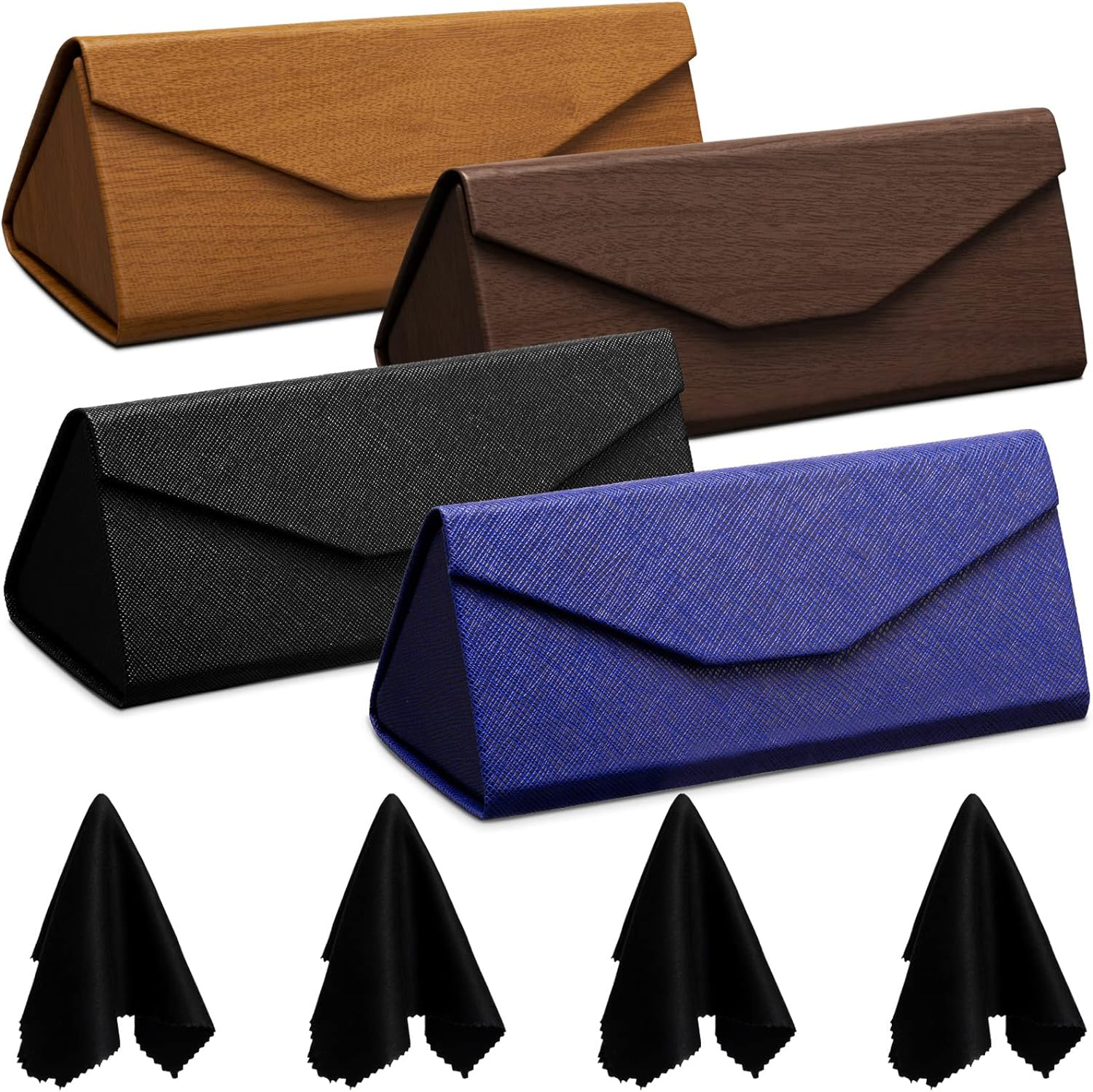 Flutesan 4 Pack Foldable Glasses Sunglasses Case PU Hard Shell Eyeglasses Case Leather Glass Case 4 Cleaning Cloths