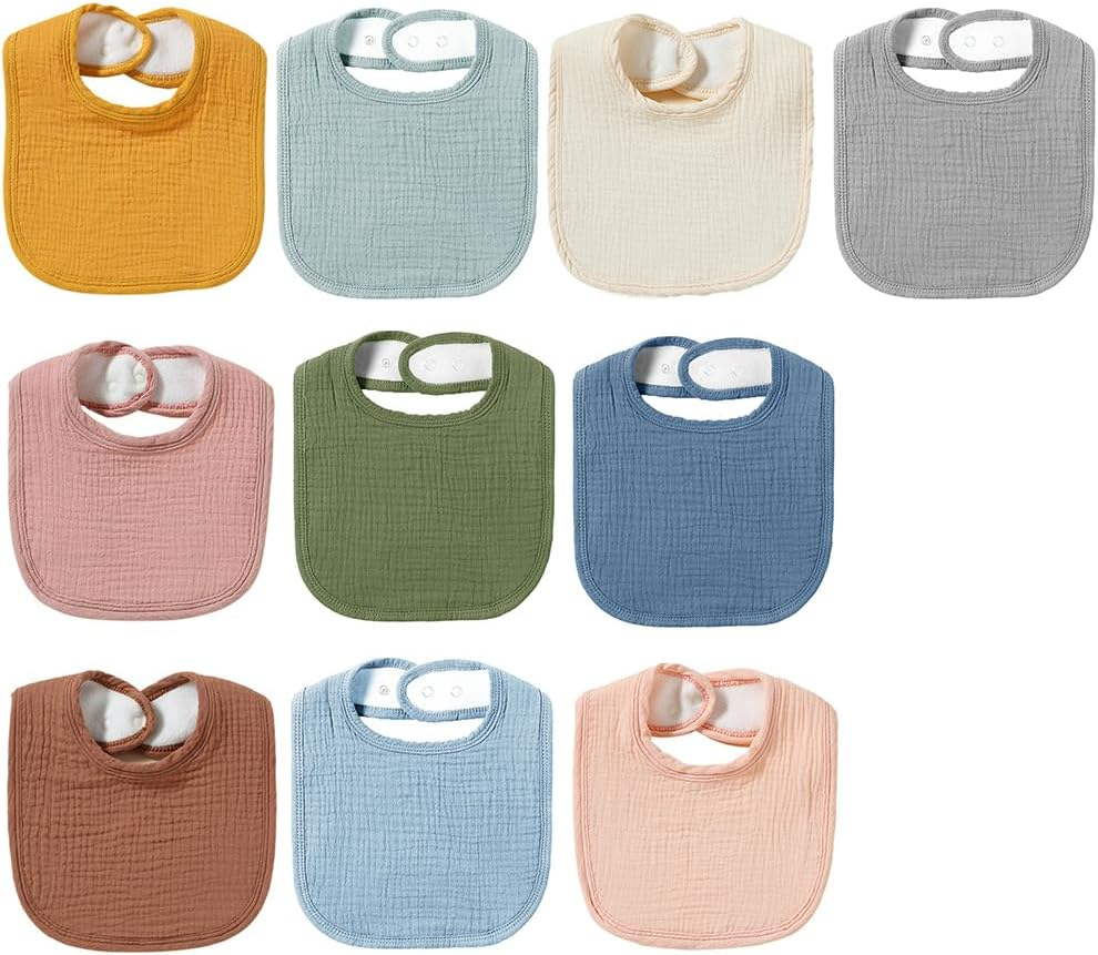 10-Pack Muslin Baby Bibs &ndash; Soft Cotton Bandana Drool Bibs for Unisex Newborns, Infants & Toddlers, Adjustable Absorbent Bib Set for Teething & Drooling (Solid Colors) image number 4
