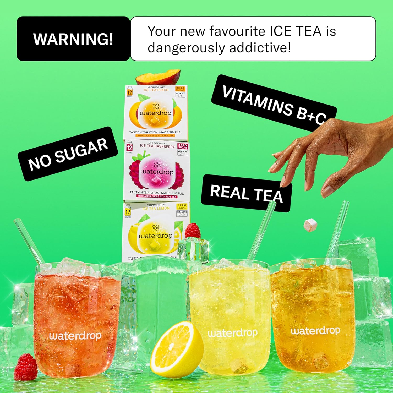 Waterdrop&reg; Microdrink Ice Tea Set - 36 Drops Cubes, Zero Sugar Powder - 3 Fruity Varieties: PEACH, LEMON, RASPBERRY - with Green and Black Tea Extracts - Valuable Vitamins image number 6