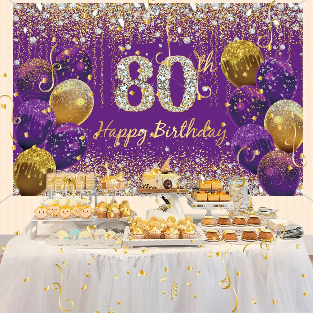 80Th Birthday Decoration for Women, Glitter Purple Fabric Sign Poster 80Th Birthday Party Decoration Background Banner Woman, 59"X35.4" image number 1