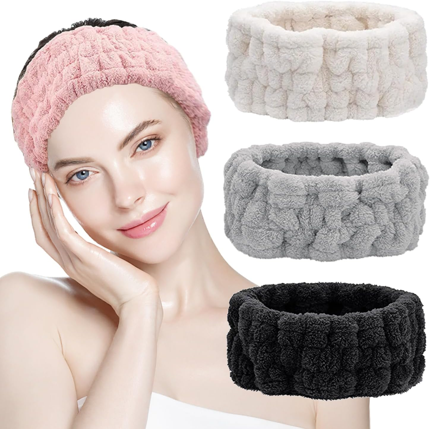 SYEYCW 4 Pcs Headband for Washing Face, Facial Makeup Headband, Coral Fleece Spa Beauty Headband, Elastic Soft Terry Cloth Hairband, for Shower, Yoga, Sports, Skincare, Black, Grey, Pink, White