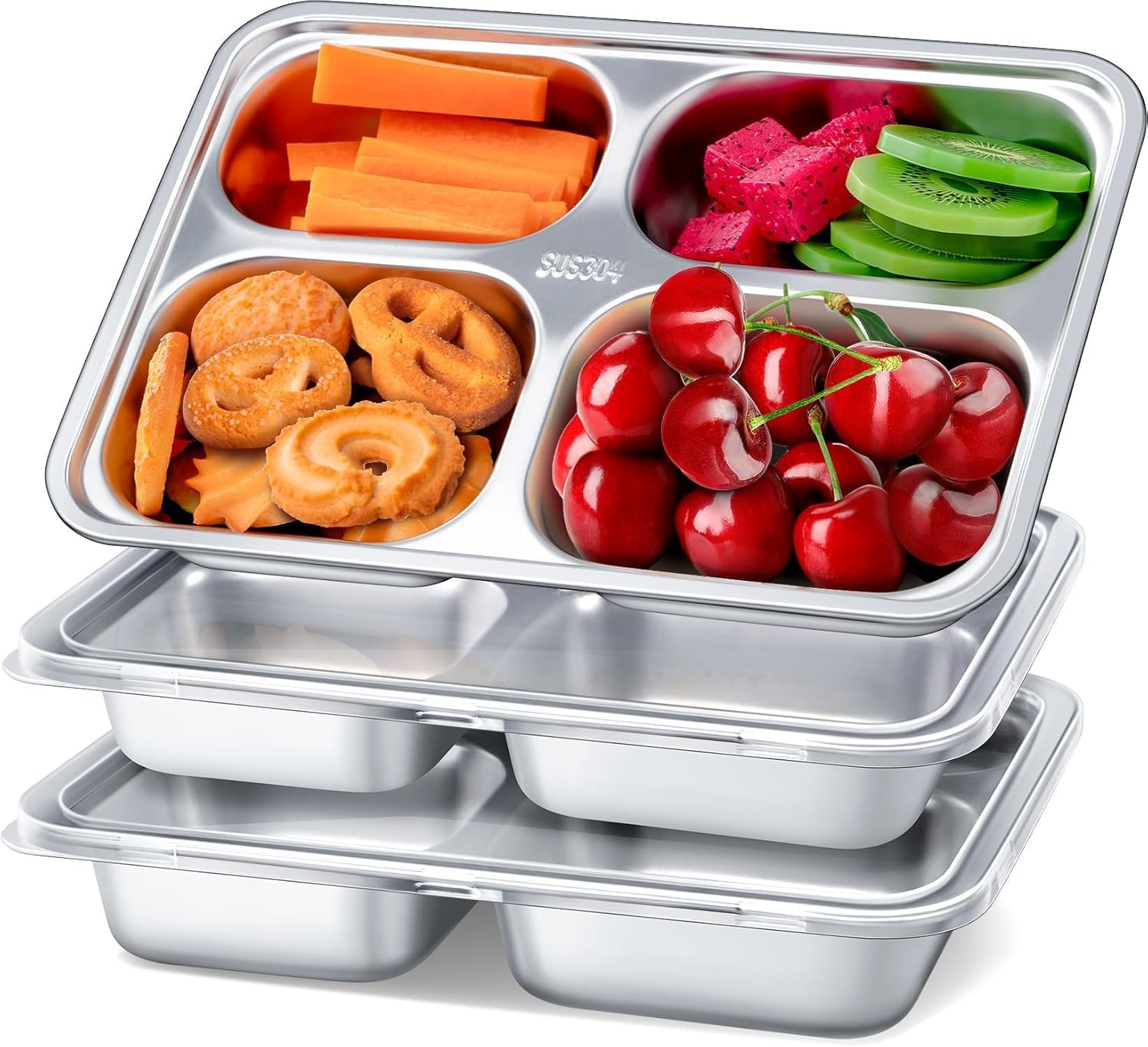 Stainless Steel Snack Containers with Lids-4 Compartments Bento Snack Boxes-Reusable Meal Prep Lunch Containers for Kids Adults - Ideal for School, Office & Outdoor - Dishwasher Safe（3Pack） image number 1