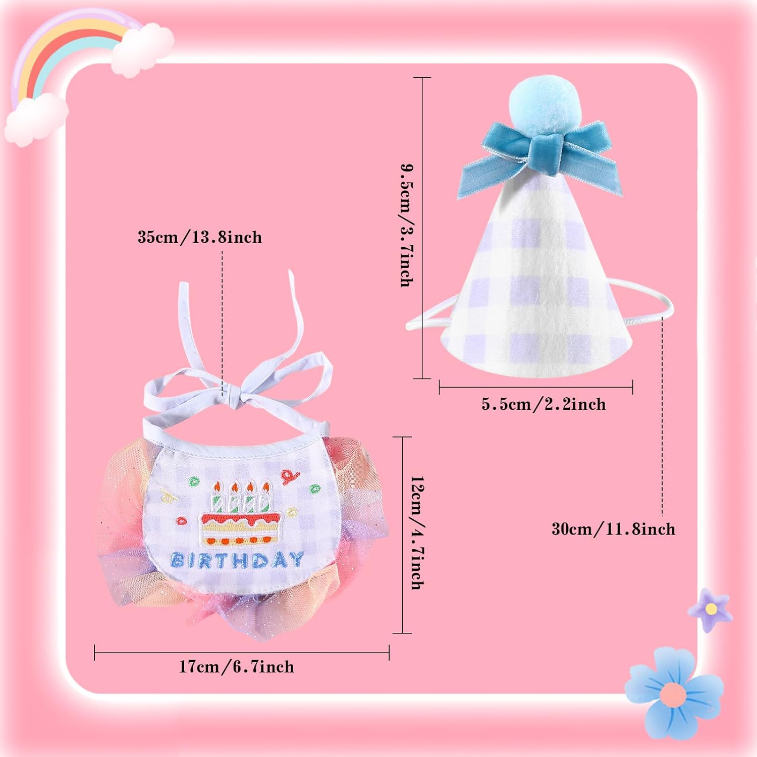 2Pcs Pet Happy Birthday Hat Scarf Set Cute Embroidered Cat Bandana Outfit Pet Bowknot Cone Hat Cat Plaid Pattern Princess Costumes Dog Lace Bib Pet Party Supplies Decoration (Blue) image number 6
